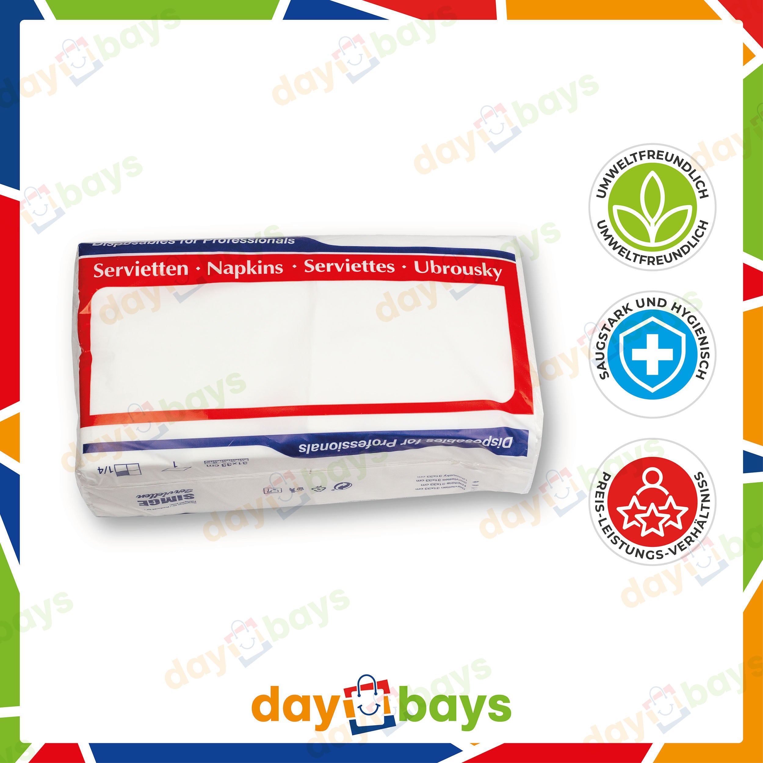 DayBays Servietten Premium 33x33 cm Reine Zellulose 2-lagig 1/4 Falz Weiß