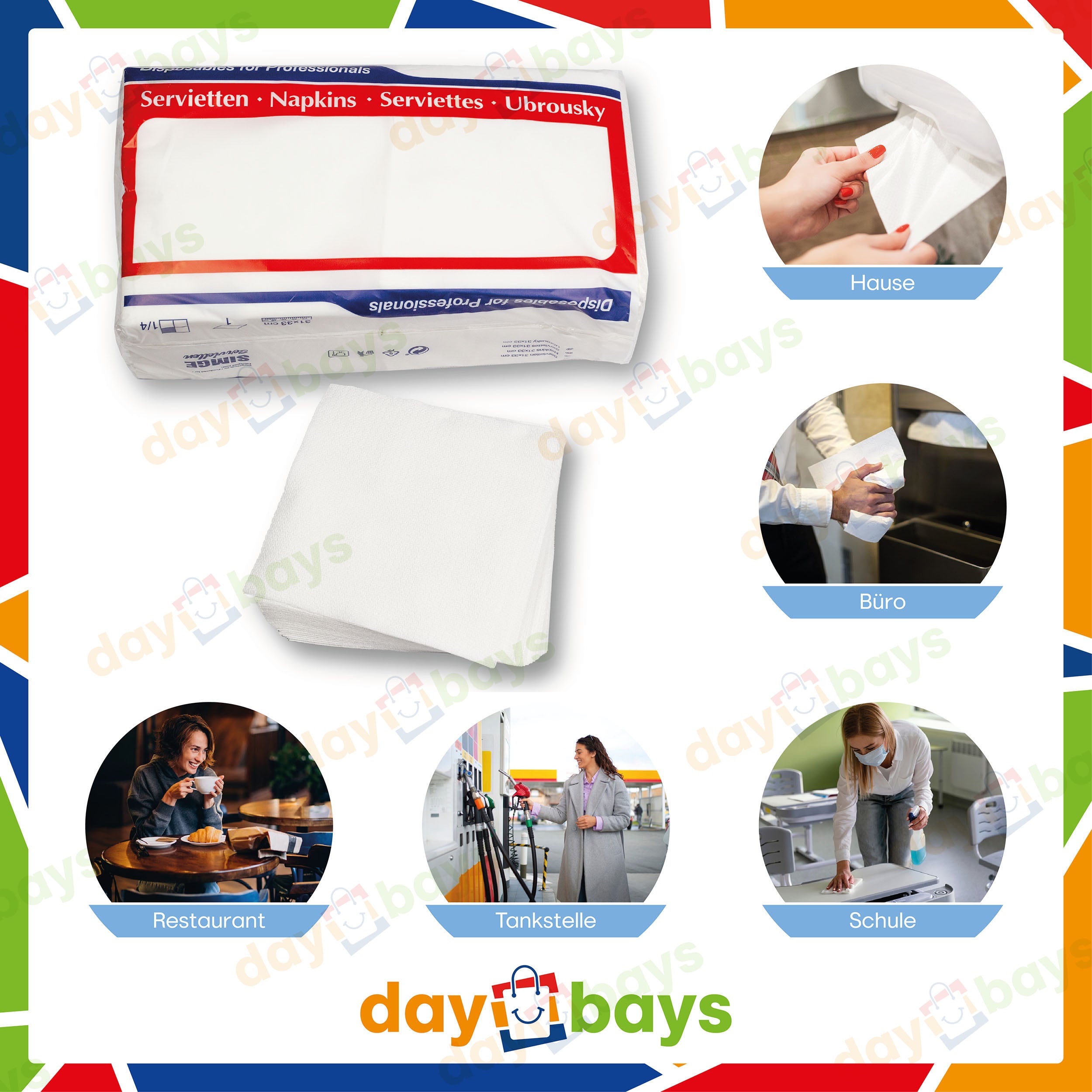 DayBays Servietten Premium 33x33 cm Reine Zellulose 2-lagig 1/4 Falz Weiß