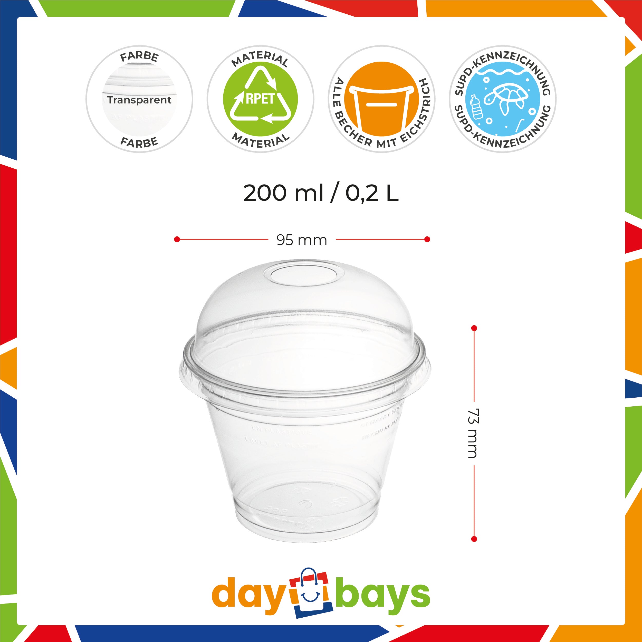 DayBays Smoothie Becher 200ml Ø95mm Shakebecher 0,2L transparent RPET mit Dom Deckel mit Rundloch