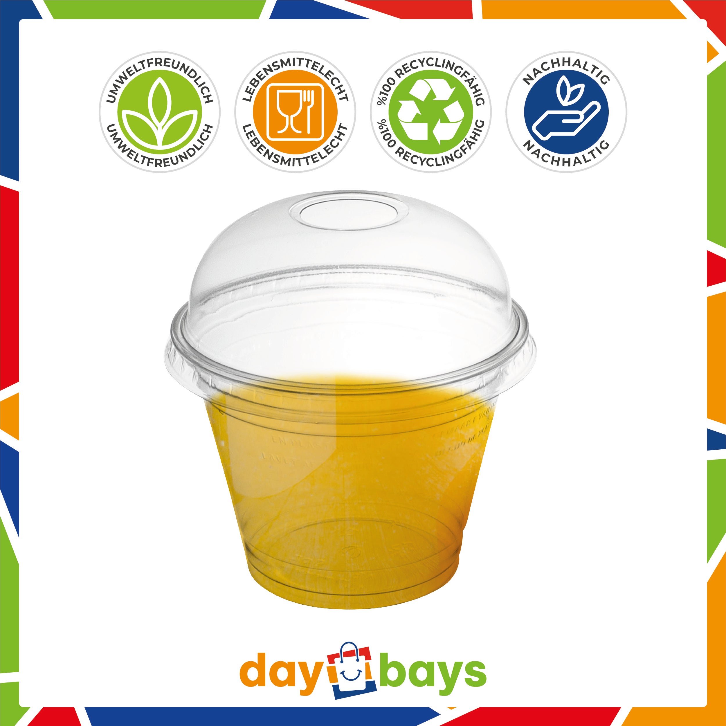 DayBays Smoothie Becher 200ml Ø95mm Shakebecher 0,2L transparent RPET mit Dom Deckel mit Rundloch