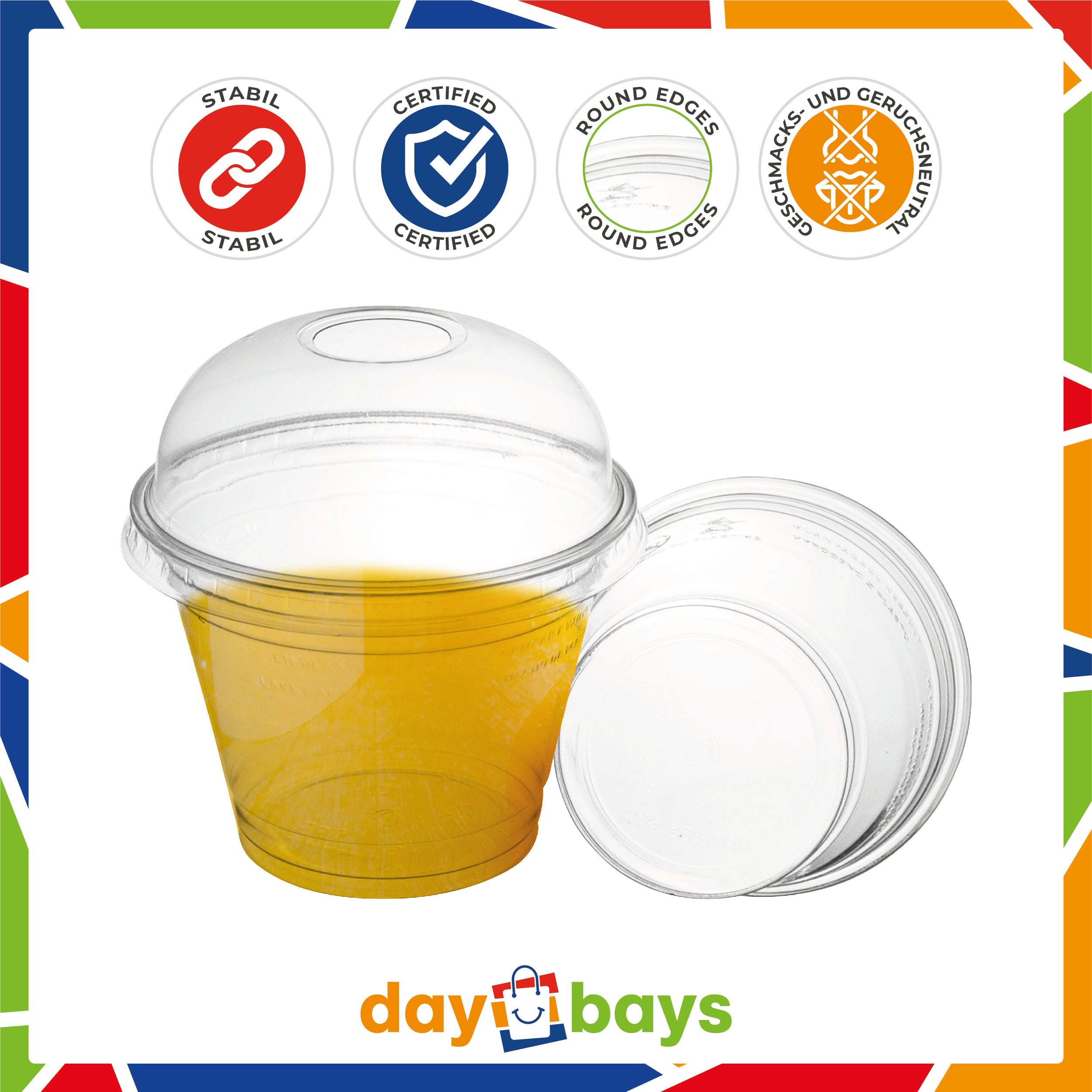 DayBays Smoothie Becher 200ml Ø95mm Shakebecher 0,2L transparent RPET mit Dom Deckel mit Rundloch