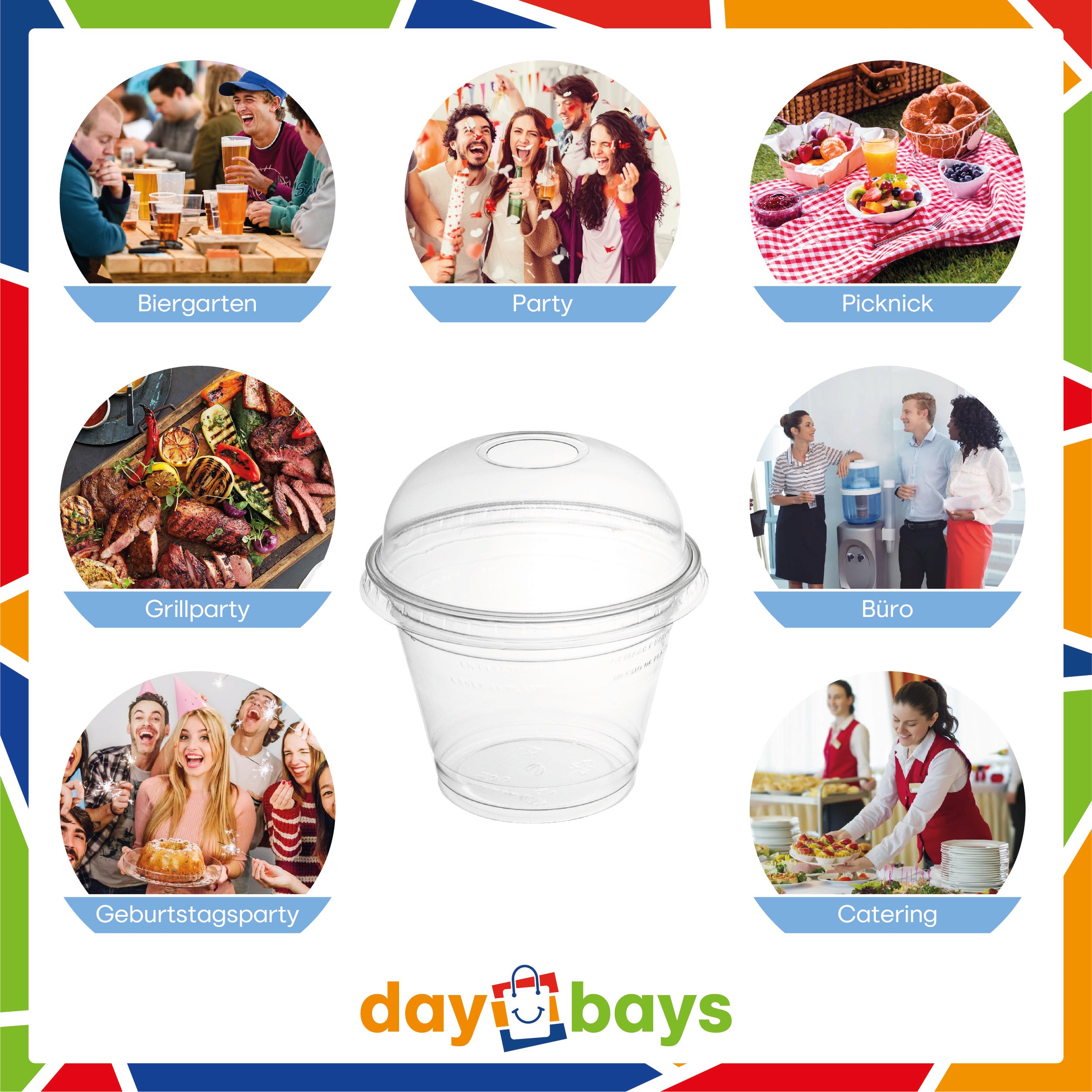 DayBays Smoothie Becher 200ml Ø95mm Shakebecher 0,2L transparent RPET mit Dom Deckel mit Rundloch