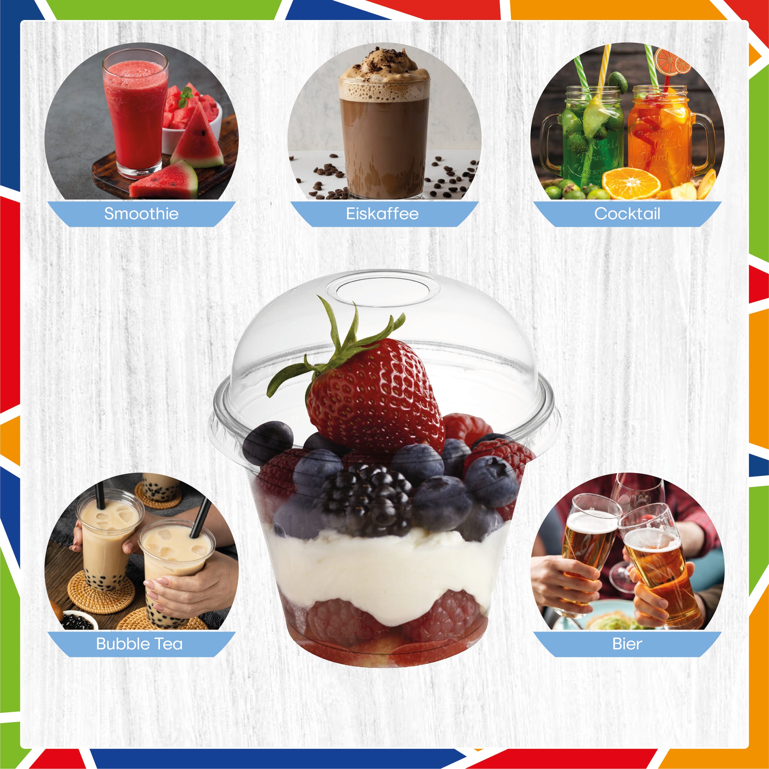 DayBays Smoothie Becher 200ml Ø95mm Shakebecher 0,2L transparent RPET mit Dom Deckel mit Rundloch