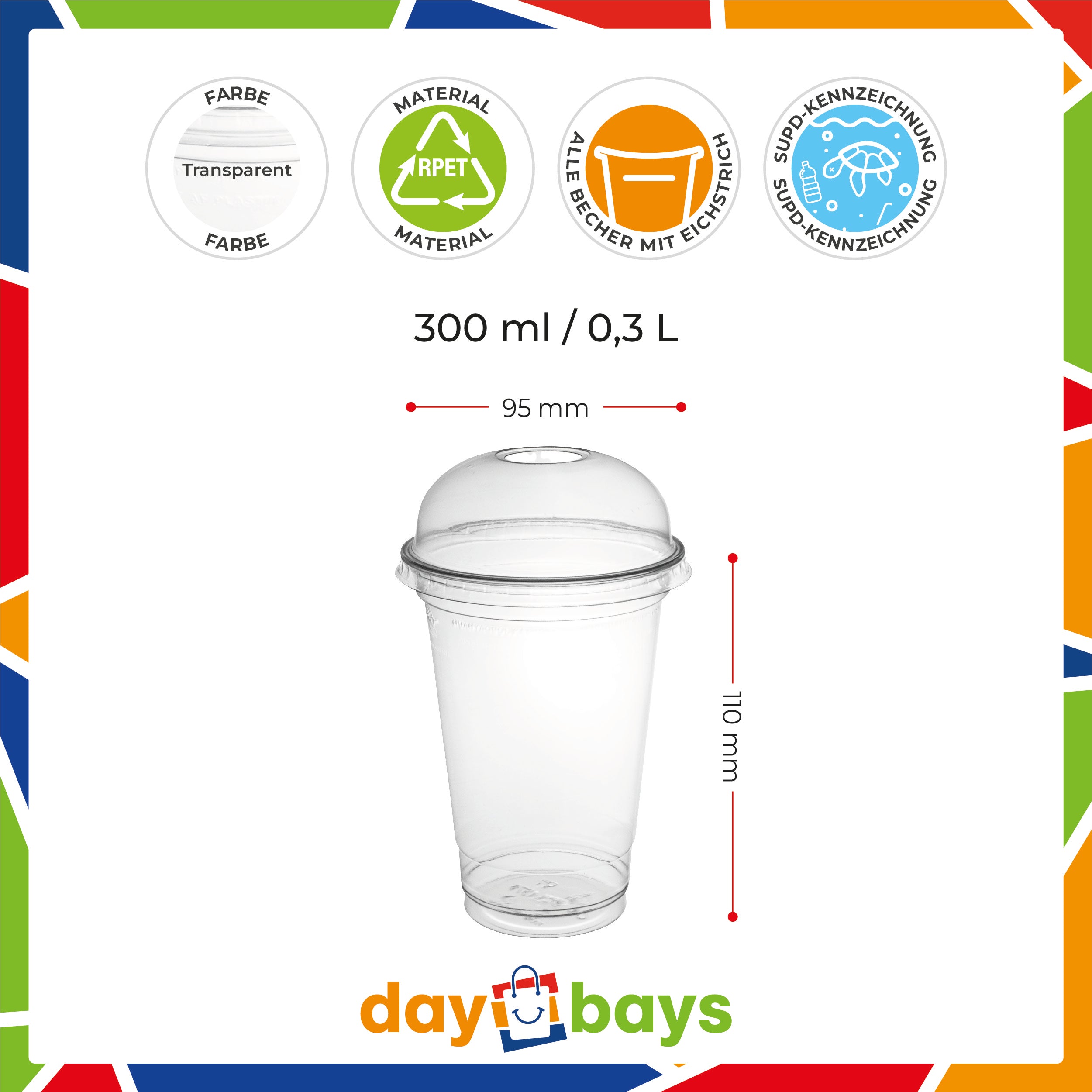 DayBays Smoothie Becher 300 ml Ø95 mm Shakebecher 0,3L transparent RPET mit Dom Deckel mit Rundloch