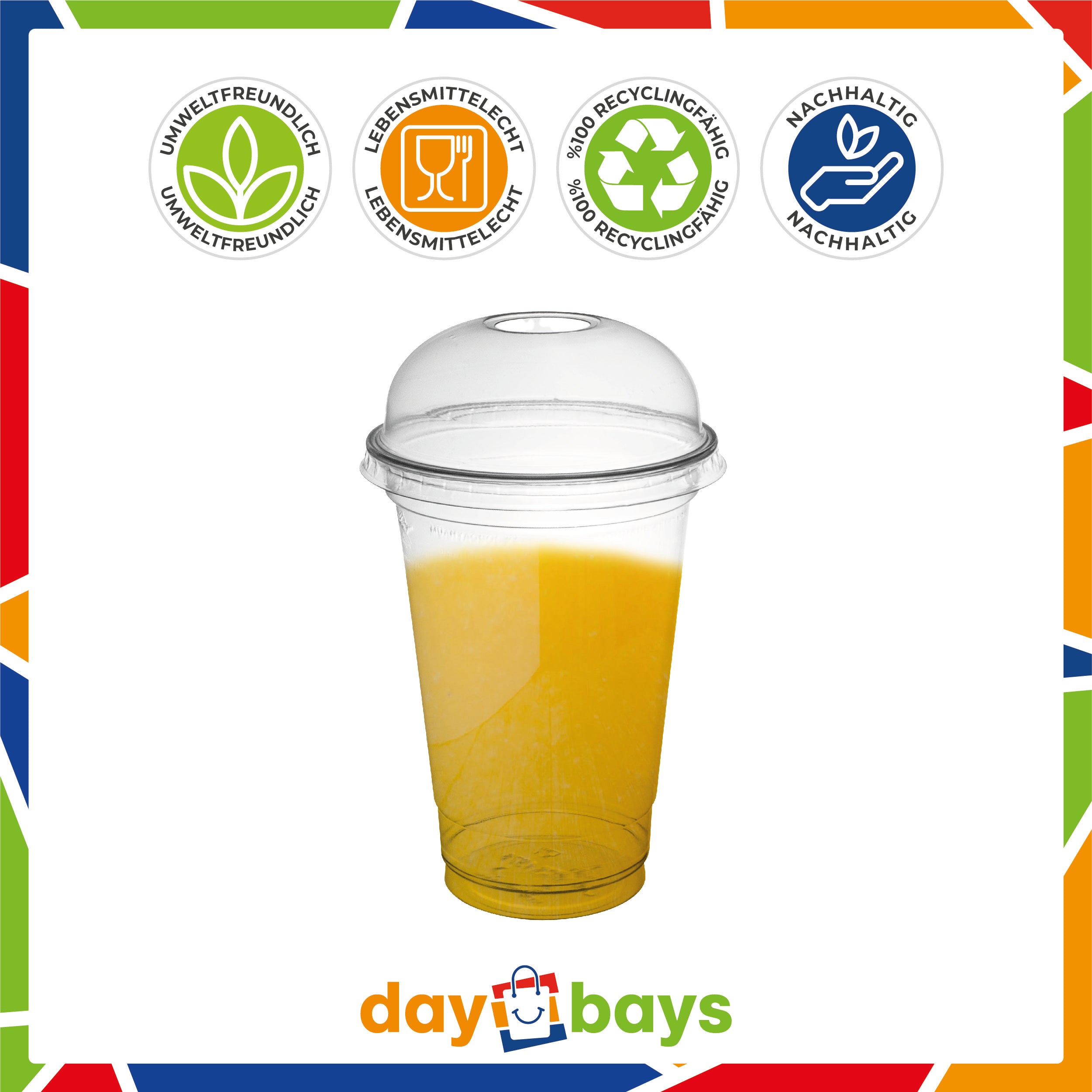 DayBays Smoothie Becher 300 ml Ø95 mm Shakebecher 0,3L transparent RPET mit Dom Deckel mit Rundloch