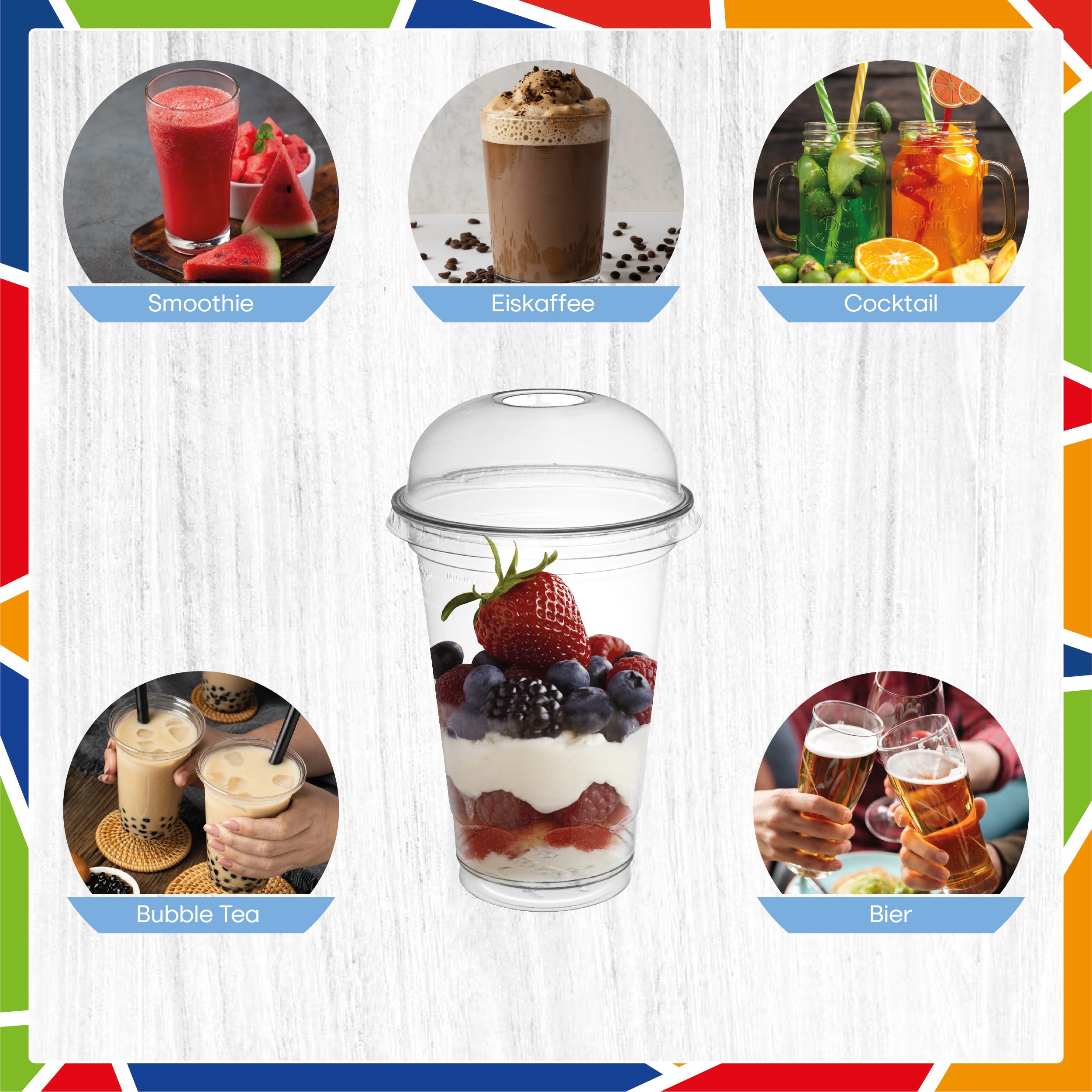 DayBays Smoothie Becher 400ml Ø95mm Shakebecher 0,4L transparent RPET mit Dom Deckel mit Rundloch