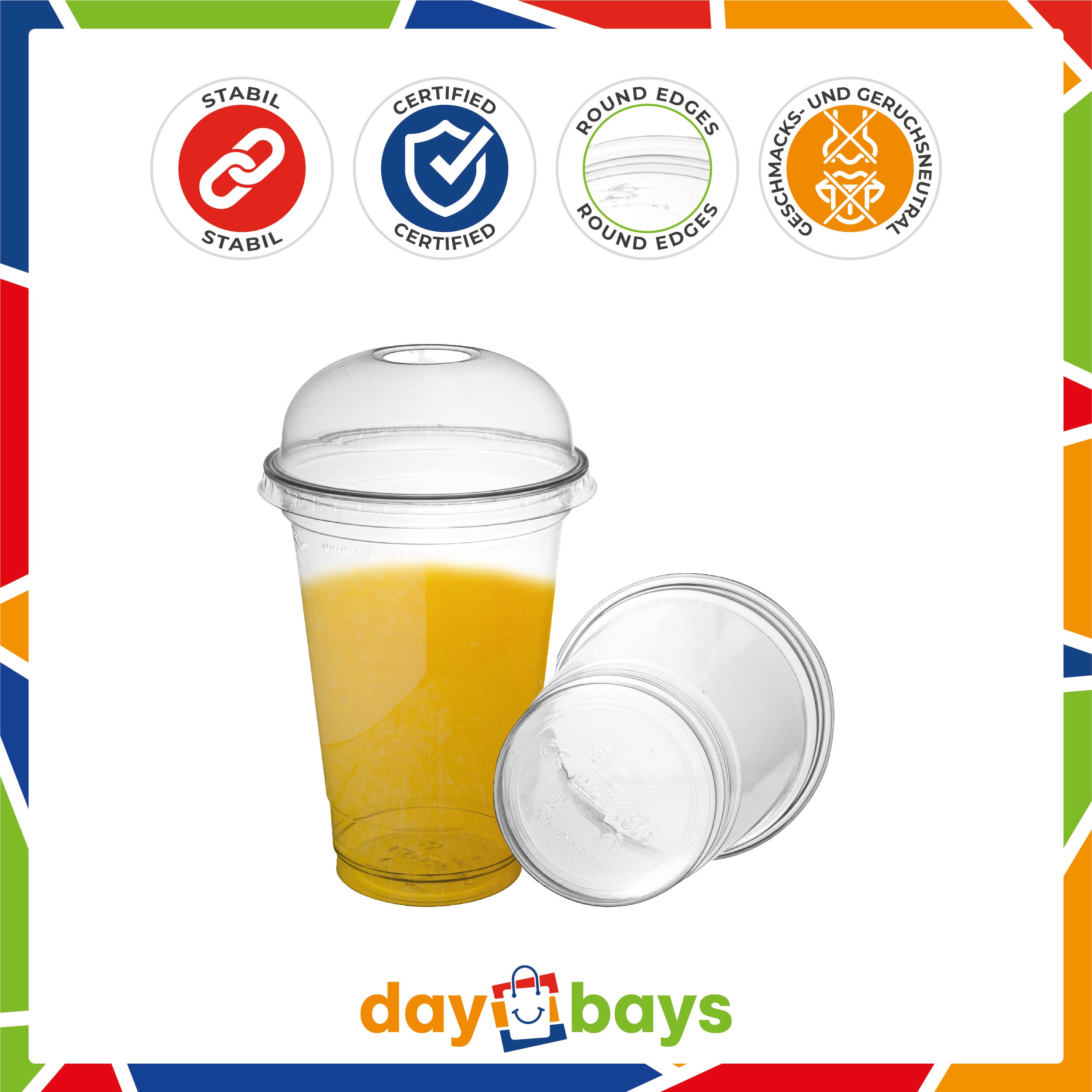 DayBays Smoothie Becher 500ml Ø95mm Shakebecher 0,5L transparent RPET mit Dom Deckel mit Rundloch