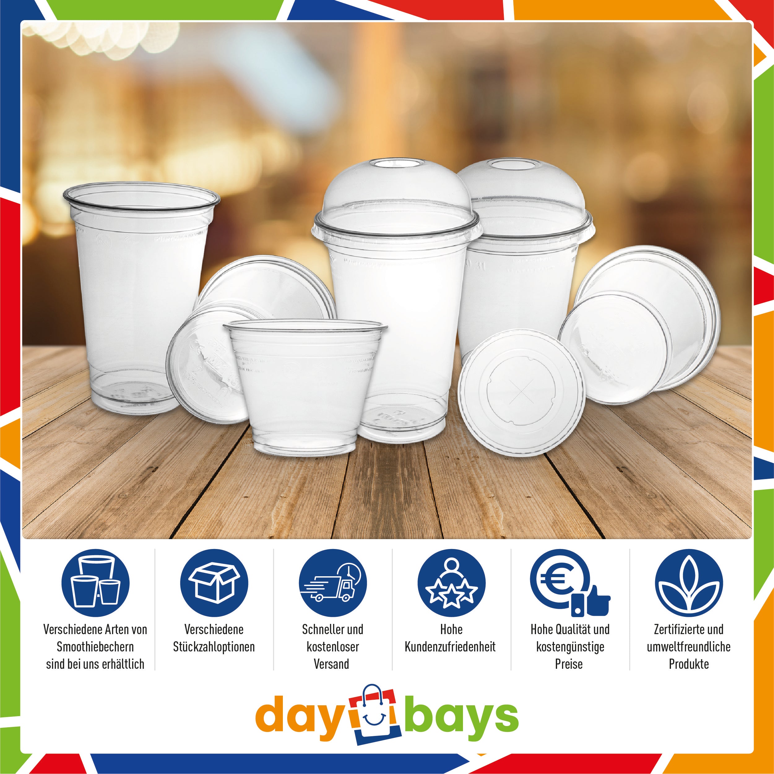 DayBays Smoothie Becher 500ml Ø95mm Shakebecher 0,5L transparent RPET mit Dom Deckel mit Rundloch