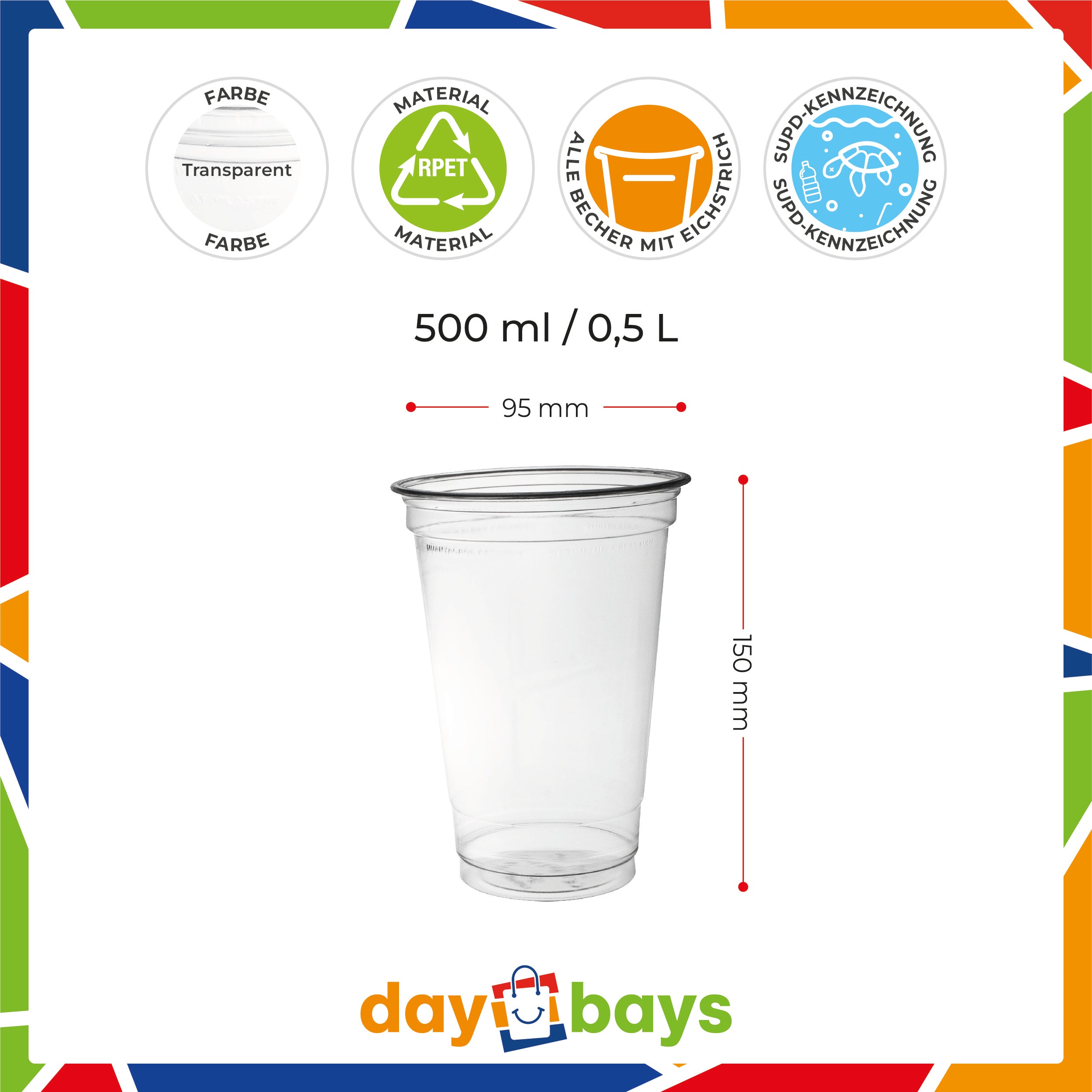 DayBays Smoothie Becher 500ml Ø95mm Shakebecher 0,5L transparent RPET