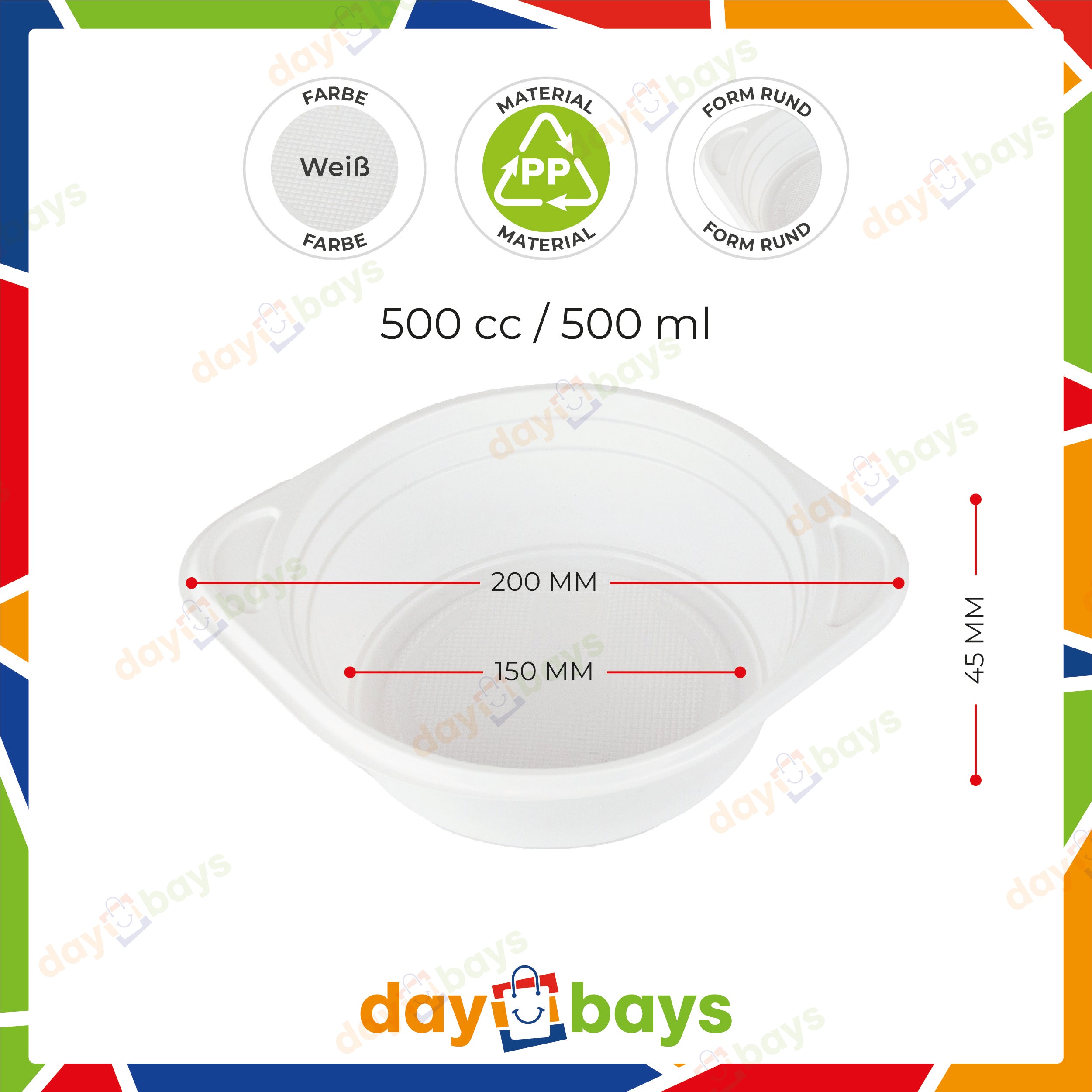 DayBays Suppenterrine 500 cc. 150x200x45 mm PP Weiß rund mit Ohren