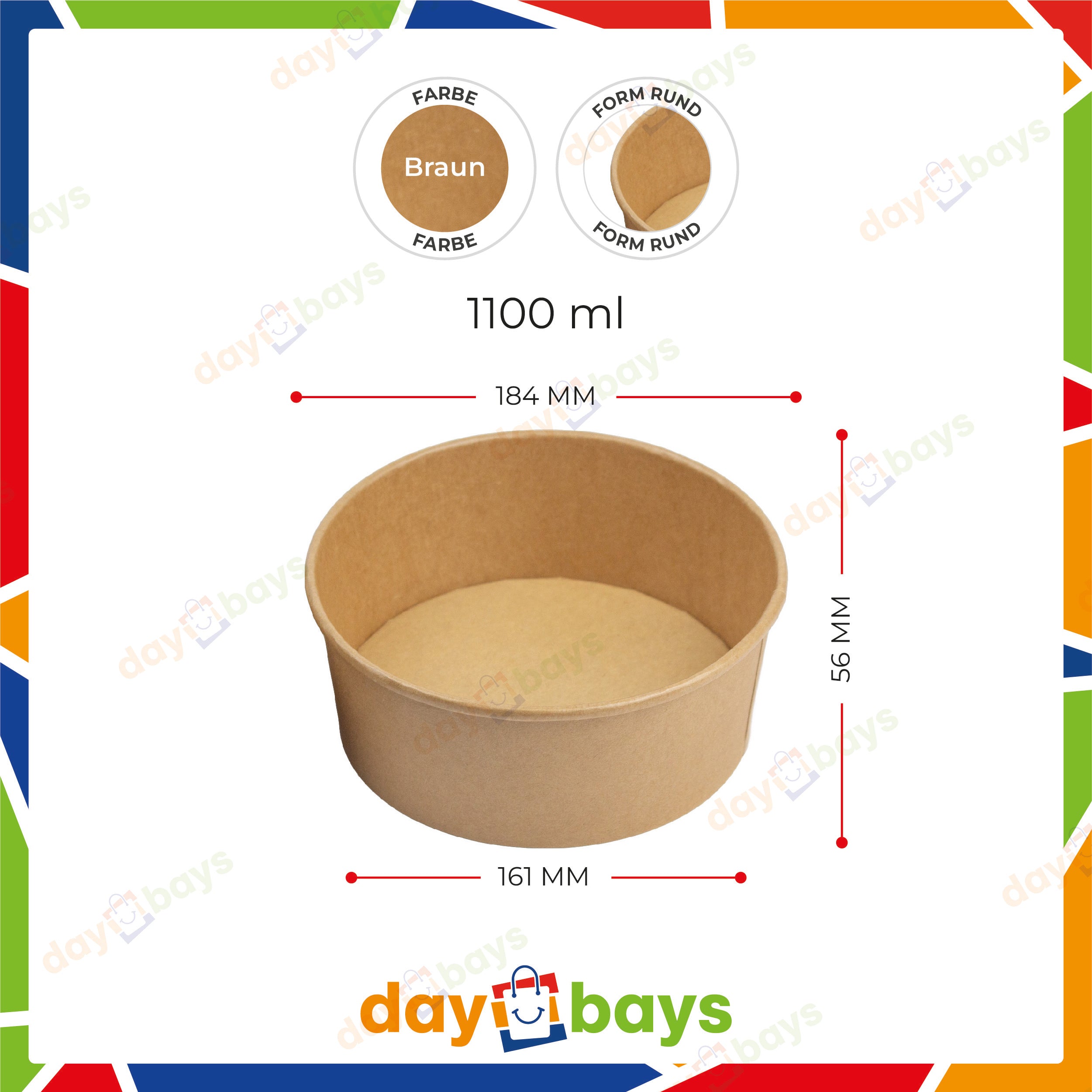 DayBays Salatschalen 1100 ml Salatbox Kombi 184x161x56 mm mit Deckel Kraft Braun Rund