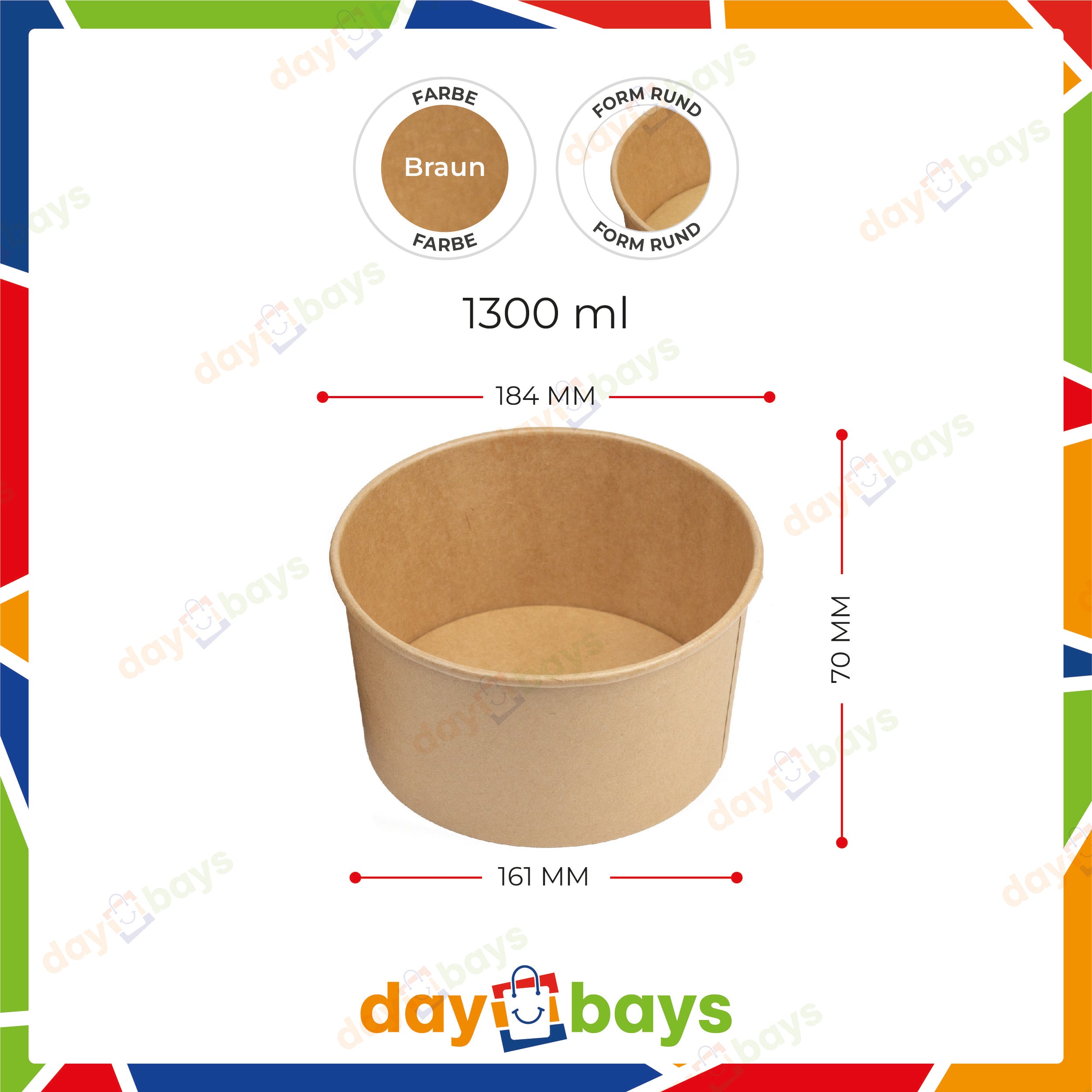 DayBays Salatschalen 1300 ml Salatbox Kombi 184x161x70 mm mit Deckel Kraft Braun Rund