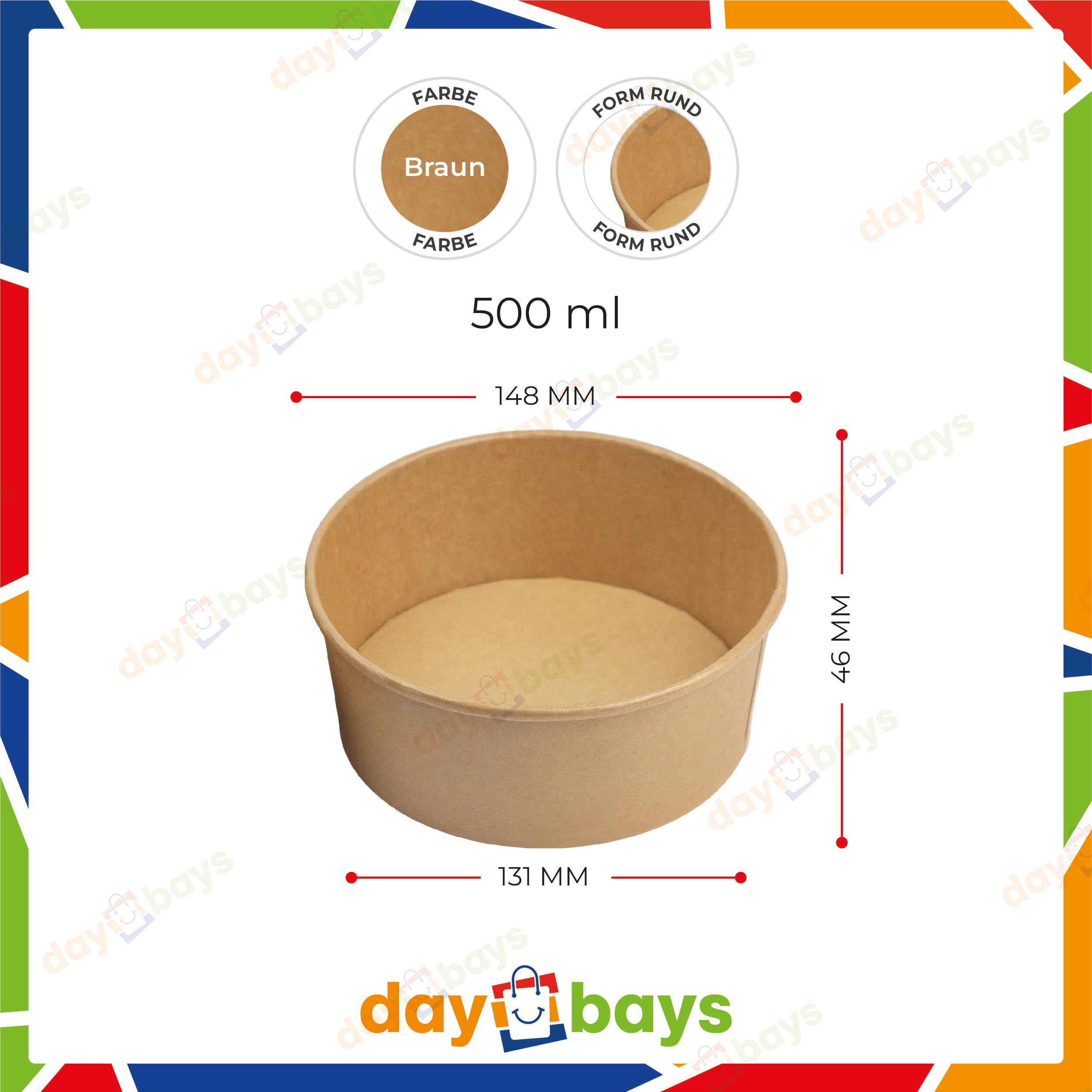 DayBays Salatschalen 500 ml Salatbox Kombi 148x131x46 mm mit Deckel Kraft Braun Rund