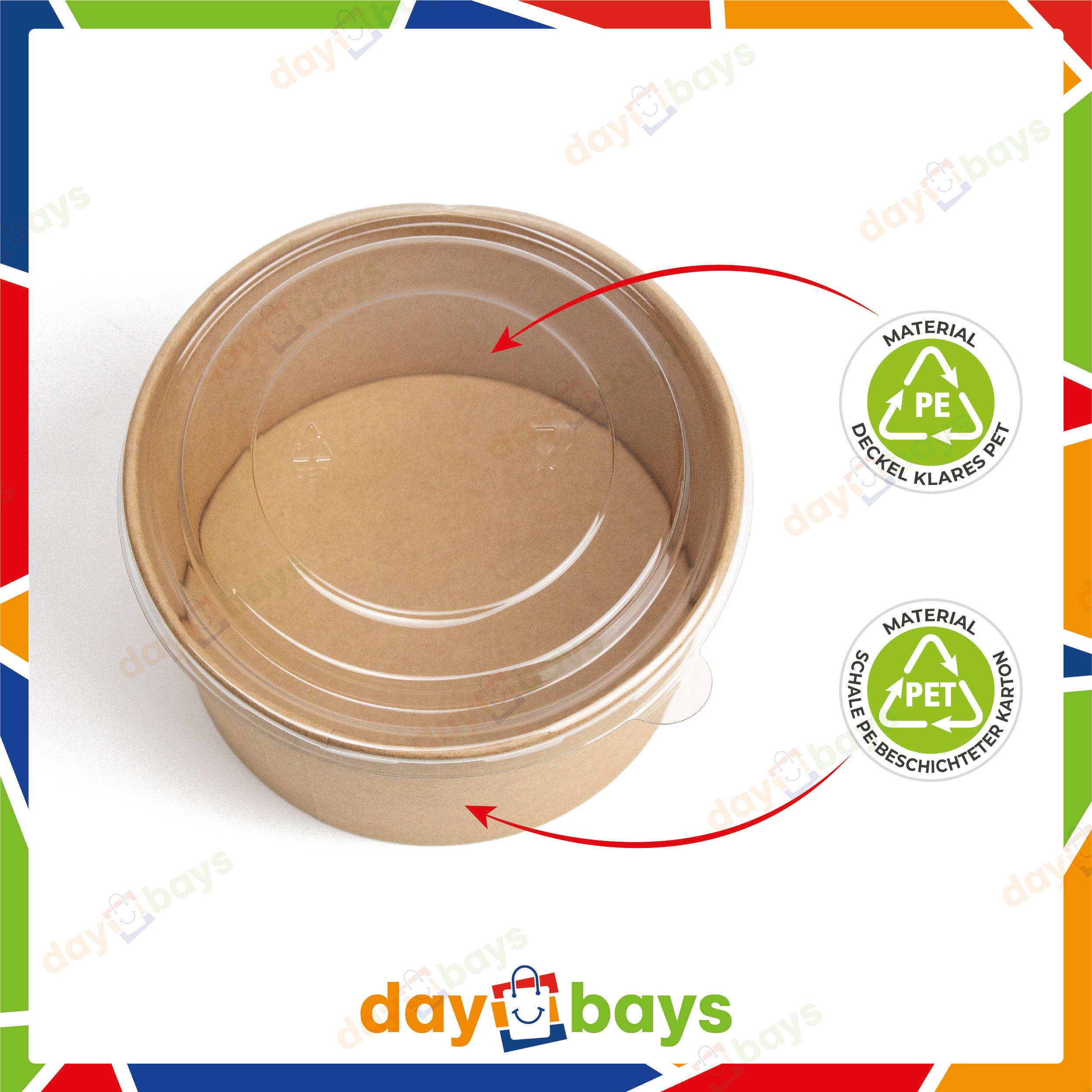 DayBays Salatschalen 1300 ml Salatbox Kombi 184x161x70 mm mit Deckel Kraft Braun Rund