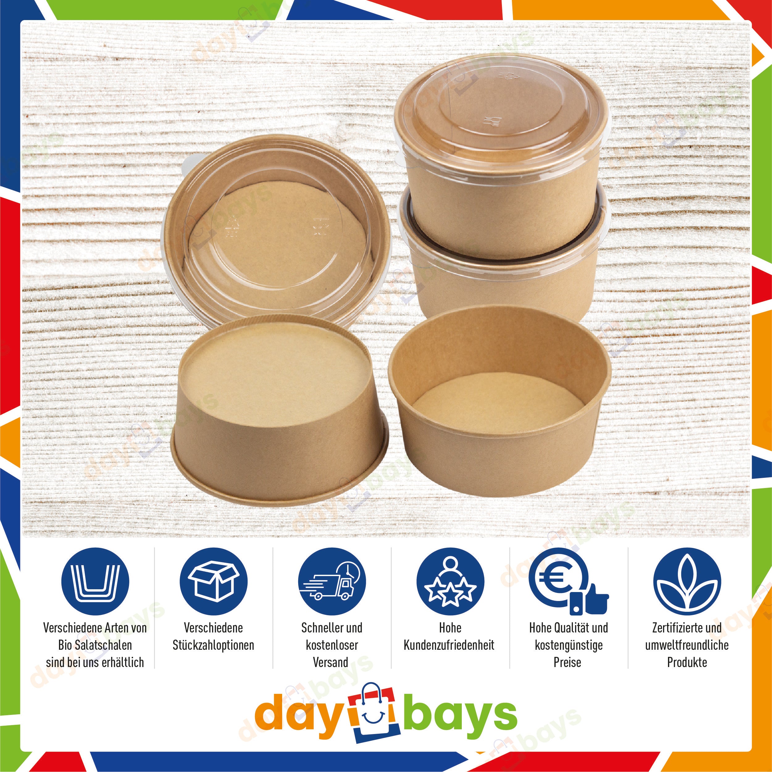 DayBays Salatschalen 500 ml Salatbox Kombi 148x131x46 mm mit Deckel Kraft Braun Rund