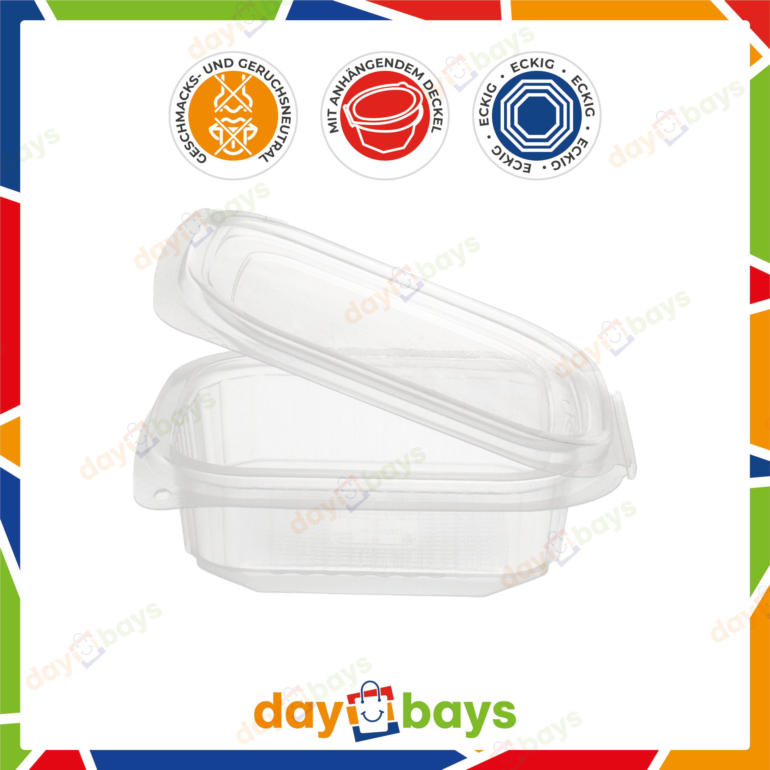 DayBays Feinkostbecher PP 125 cc. 127x105x28 mm Rechteckig mit anhängendem Deckel