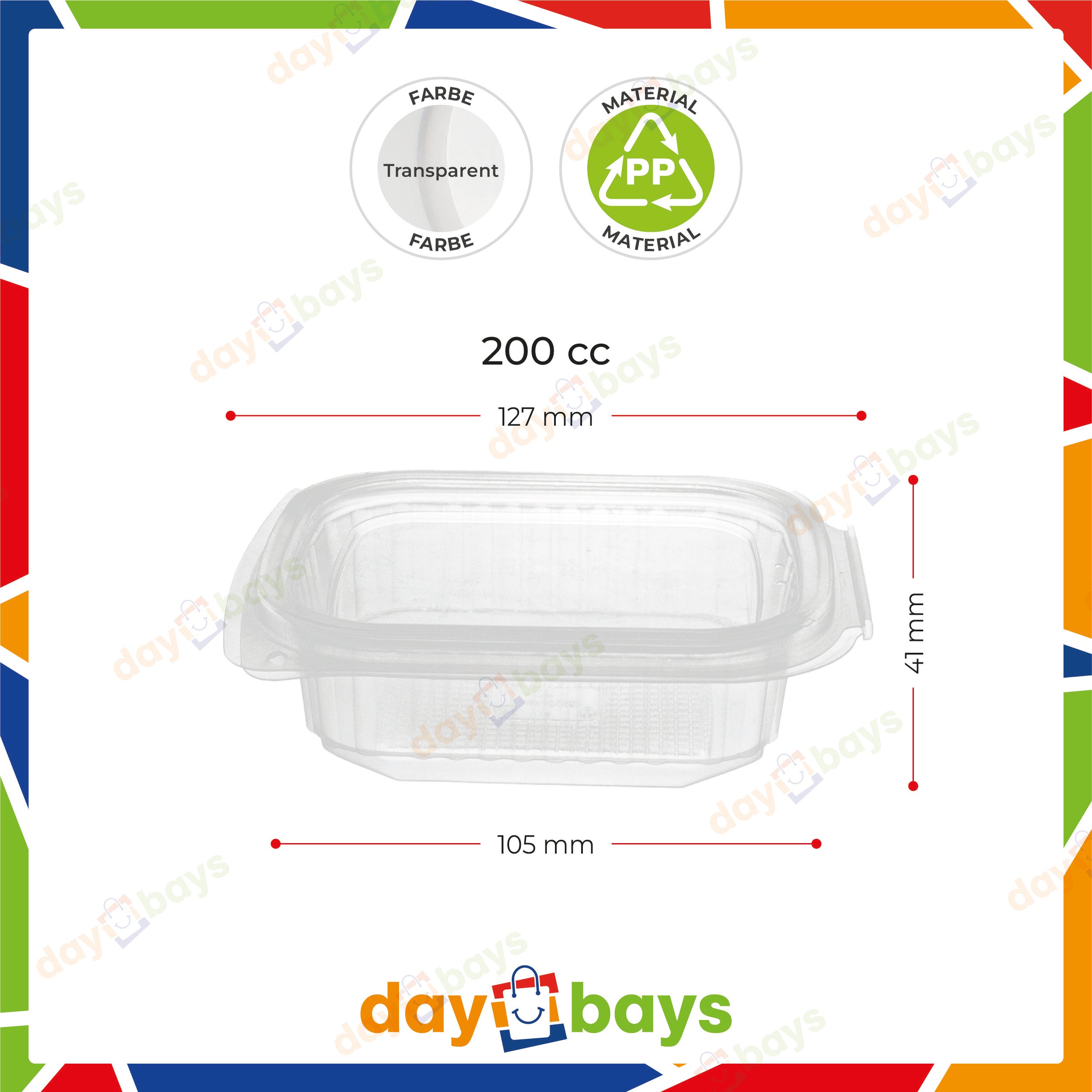 DayBays Feinkostbecher PP 200 cc. 127x105x41 mm Rechteckig mit anhängendem Deckel