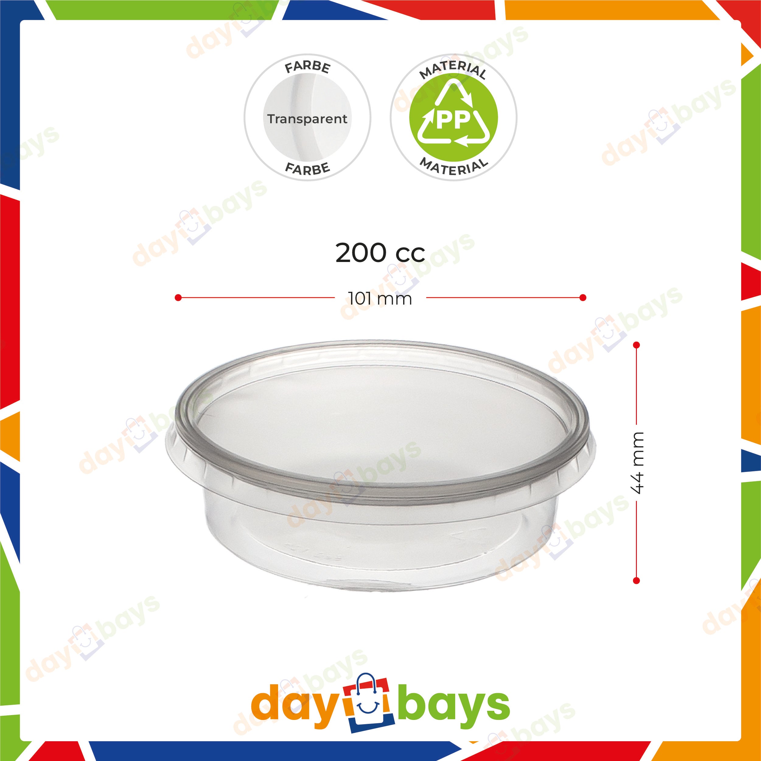 DayBays Feinkostbecher PP 200 cc. 101x44 mm rund Kombi-Verpackung inklusive passende Deckel