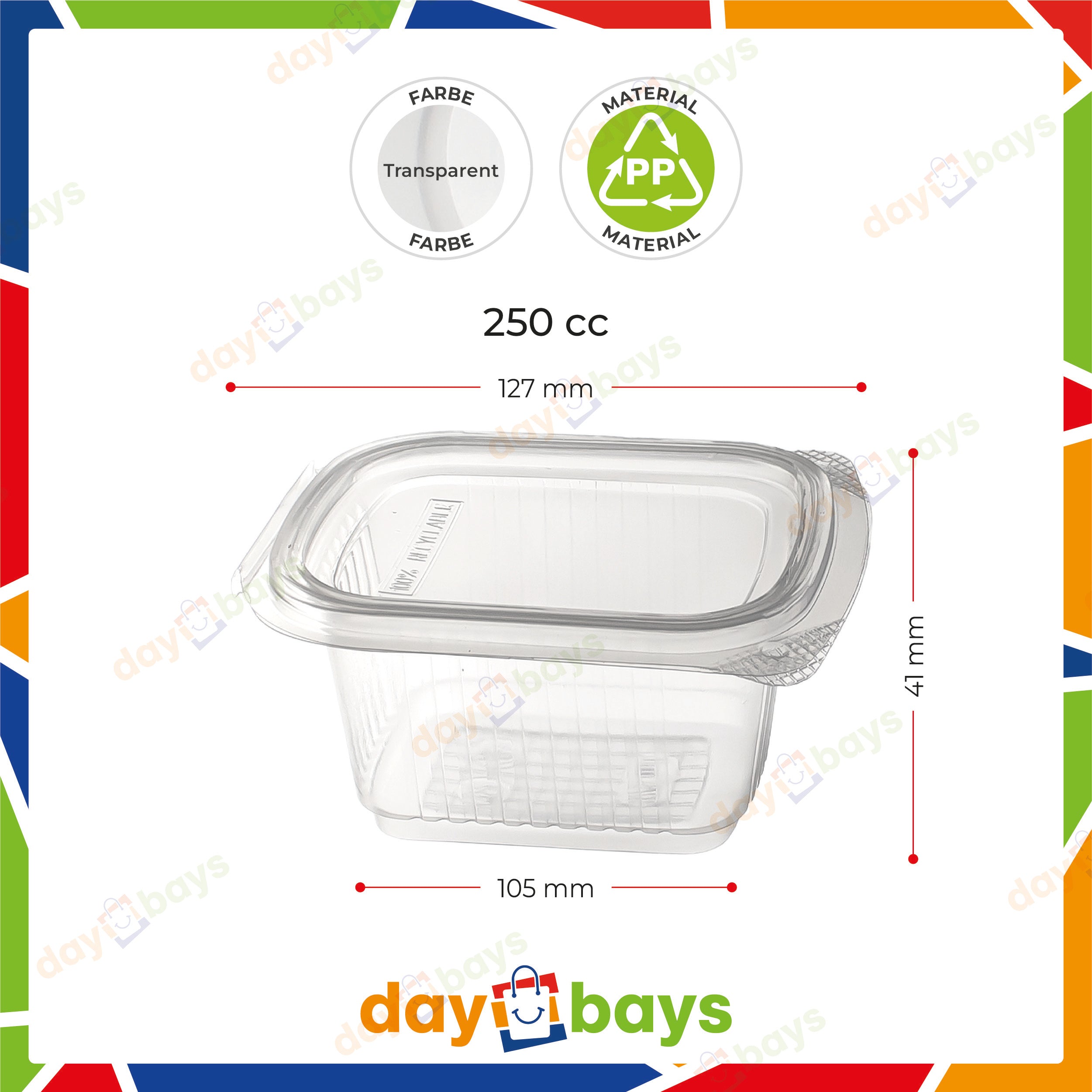 DayBays Feinkostbecher PP 250 cc. 127x105x41 mm Rechteckig mit anhängendem Deckel