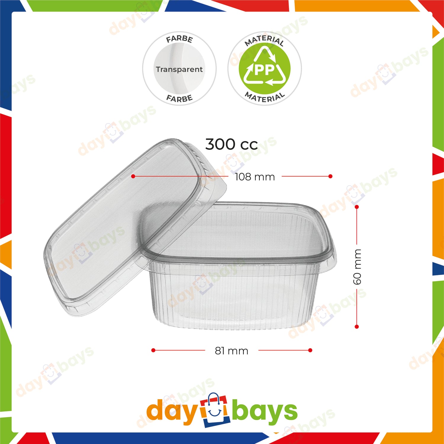 DayBays Feinkostbecher PP 300 cc. 108x81x60 mm eckig Kombi-Verpackung inklusive passende Deckel