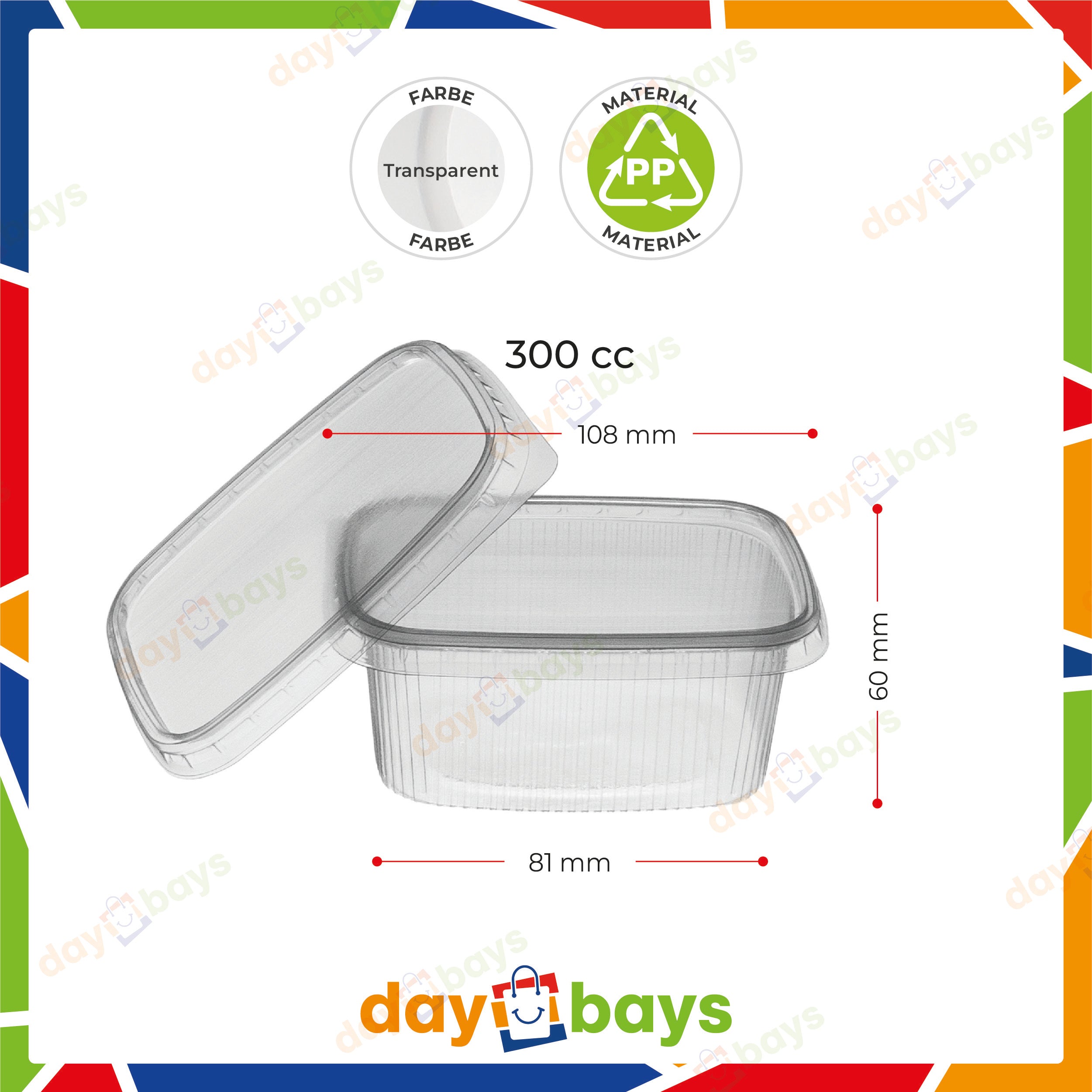 DayBays Feinkostbecher PP 300 cc. 108x81x60 mm eckig Kombi-Verpackung inklusive passende Deckel