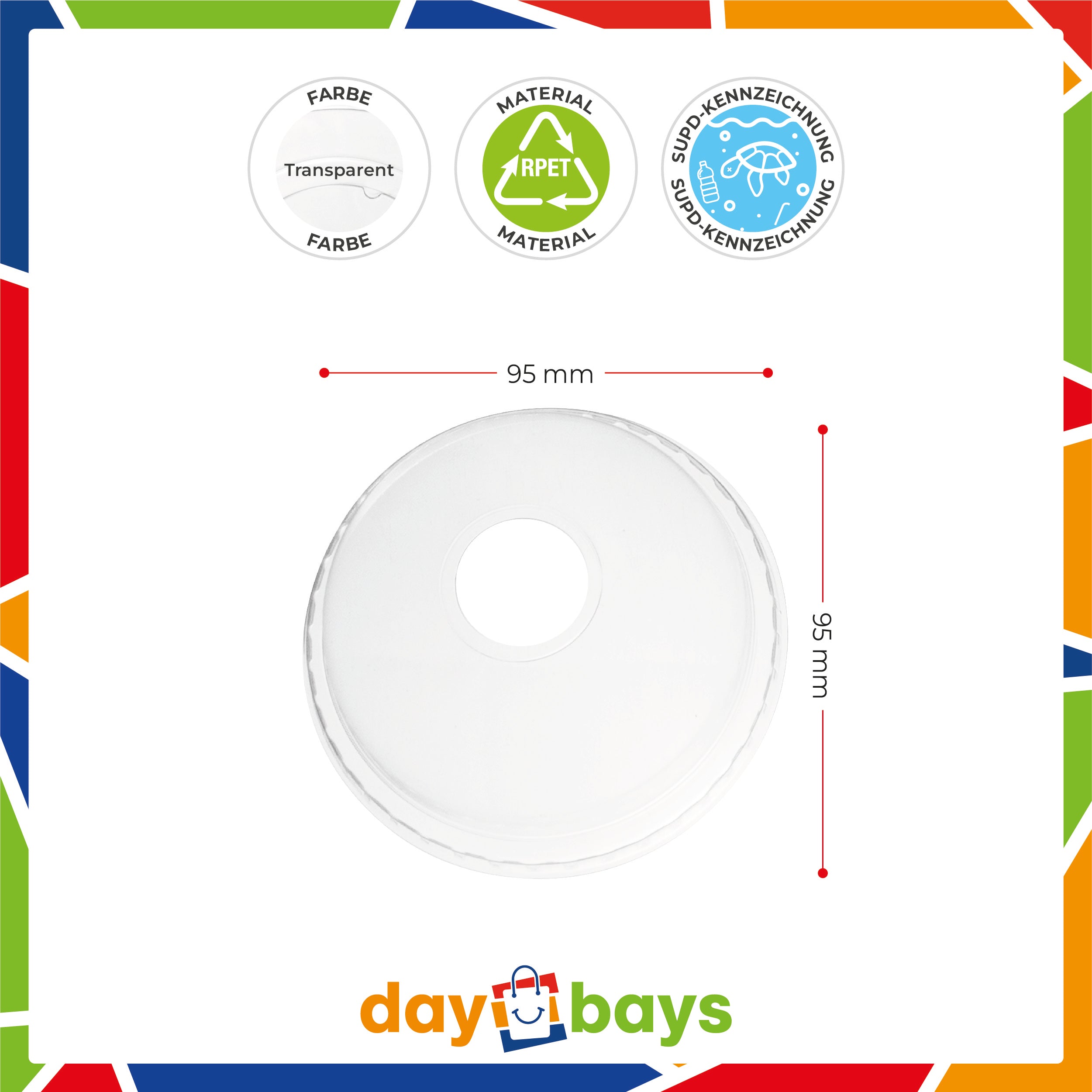 DayBays Dom Deckel mit Loch für Smoothie Becher Shakebecher Ø95mm transparent RPET