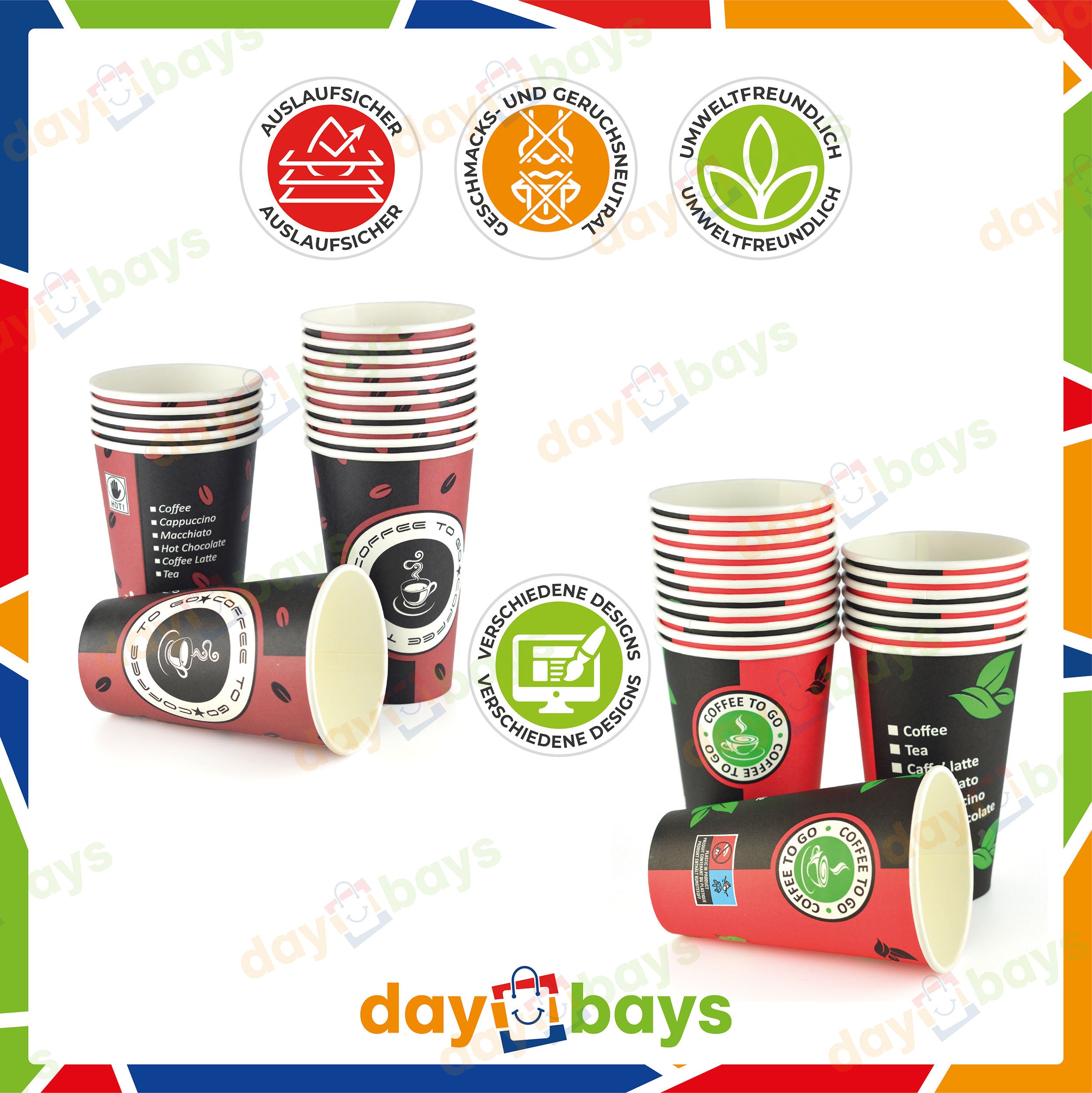 DayBays Kaffeebecher 12ozSlim/300ml Ø8cm " Coffee To Go Becher " Pappe mit PE-beschichtet