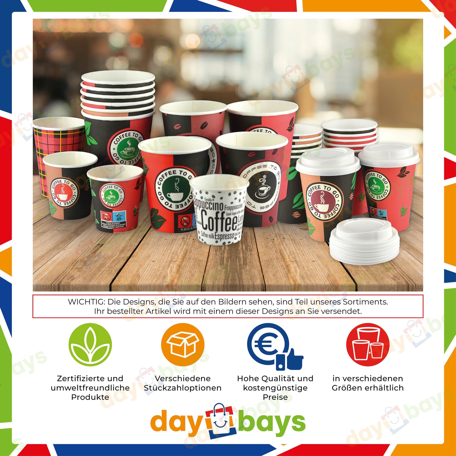 DayBays Kaffeebecher 8oz/200ml Ø8cm " Coffee To Go Becher " Pappe mit PE-beschichtet