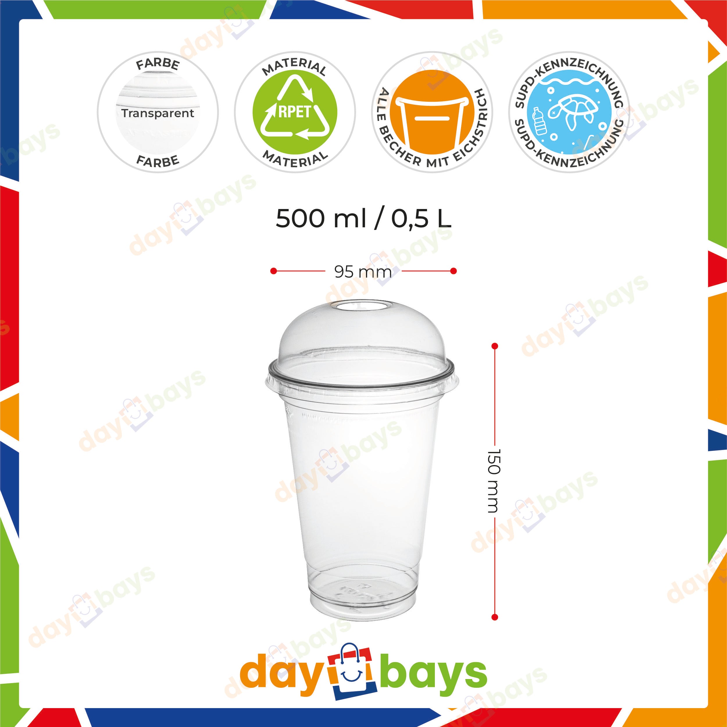 DayBays Smoothie Becher 500ml Ø95mm Shakebecher 0,5L transparent RPET mit Dom Deckel mit Rundloch