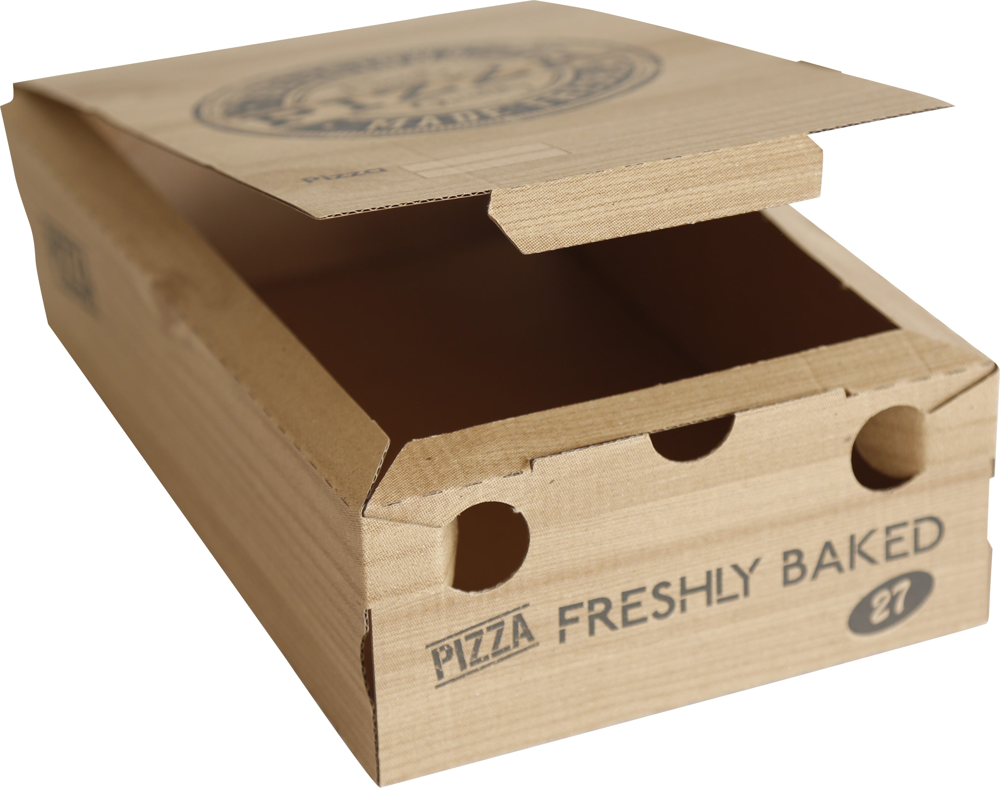 DayBays Pizza-Karton Calzone-Klein 27x16x7 cm Braun Kraftpapier bedruckt mit Pizza-Motiv