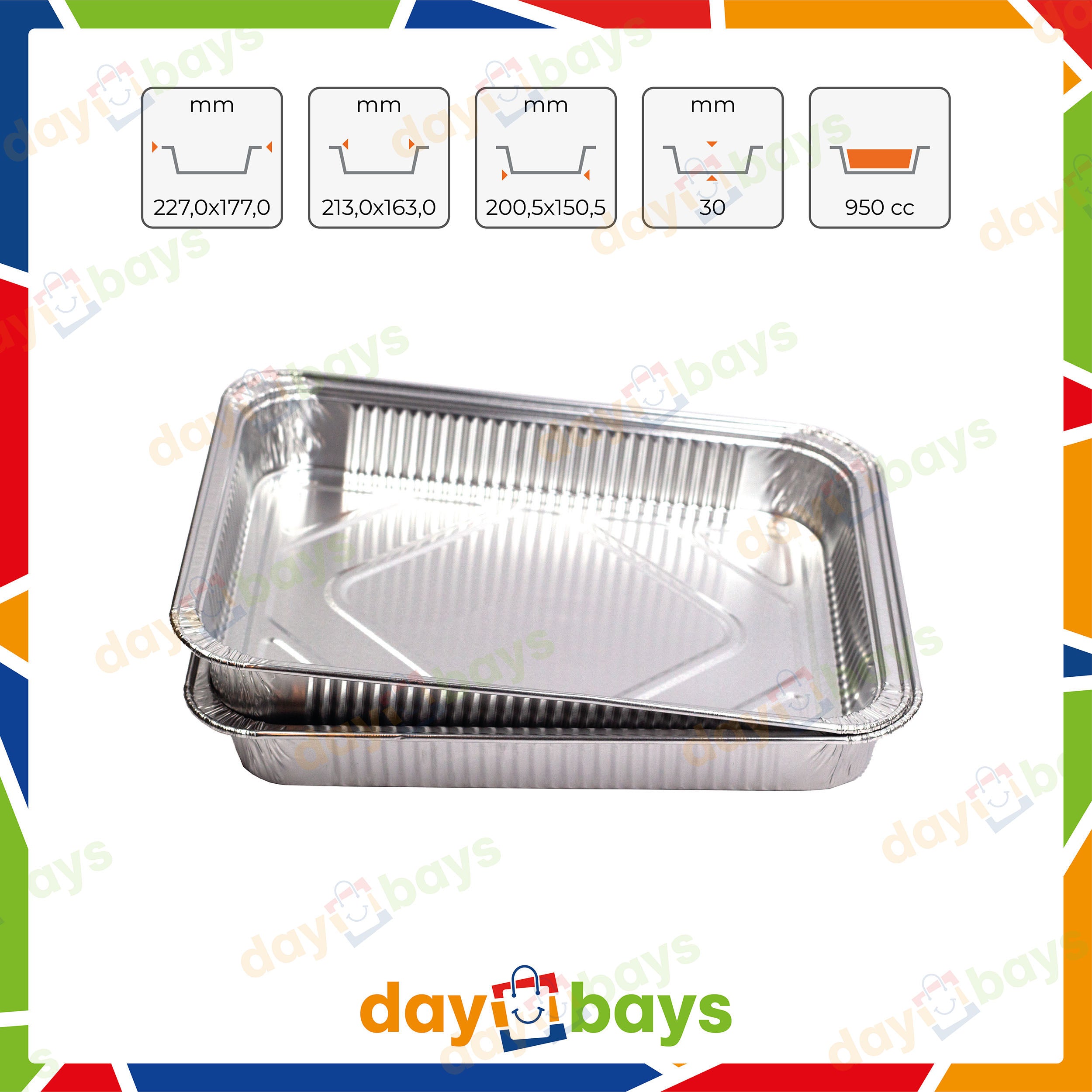DayBays Alu-Menüschalen R879-930G 950 ml ungeteilt flach 227x177x30 mm 950cc