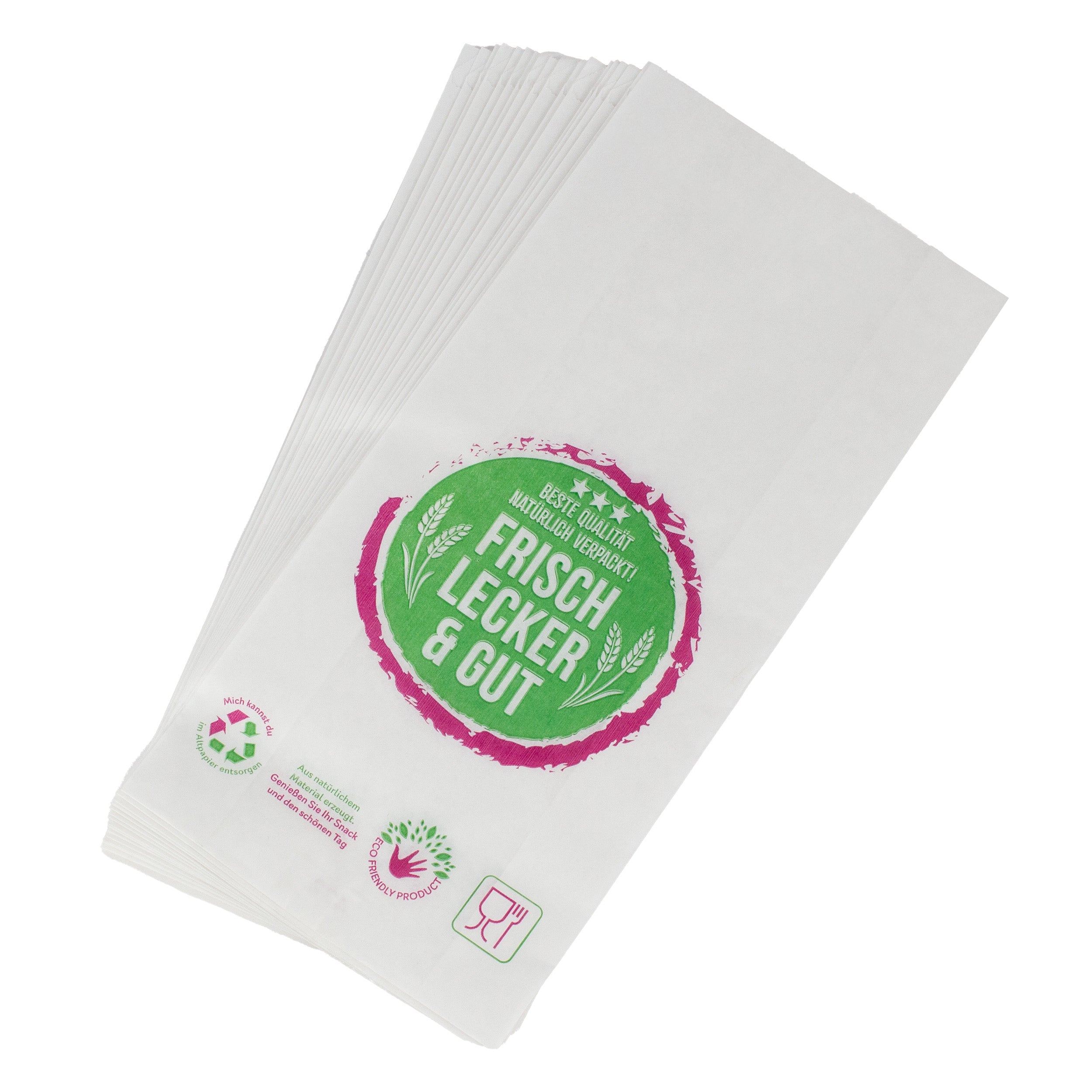 bäckerbeutel 12+5x25 cm Typ 418 mit neutralem Druck Kraftpapier weiss gefädelt