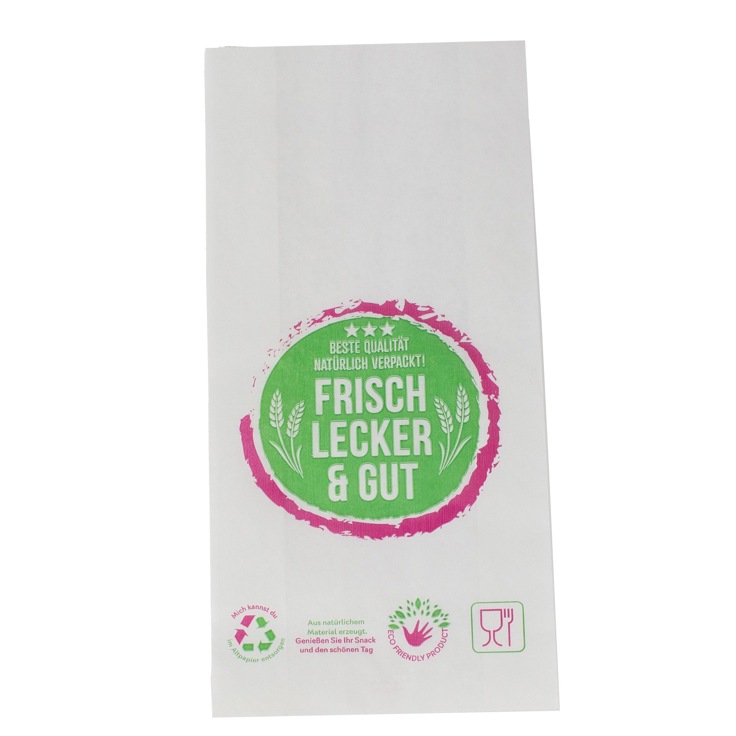 bäckerfaltenbeutel 12+6x28 cm Typ 422 mit neutralem Druck Kraftpapier weiss gefädelt