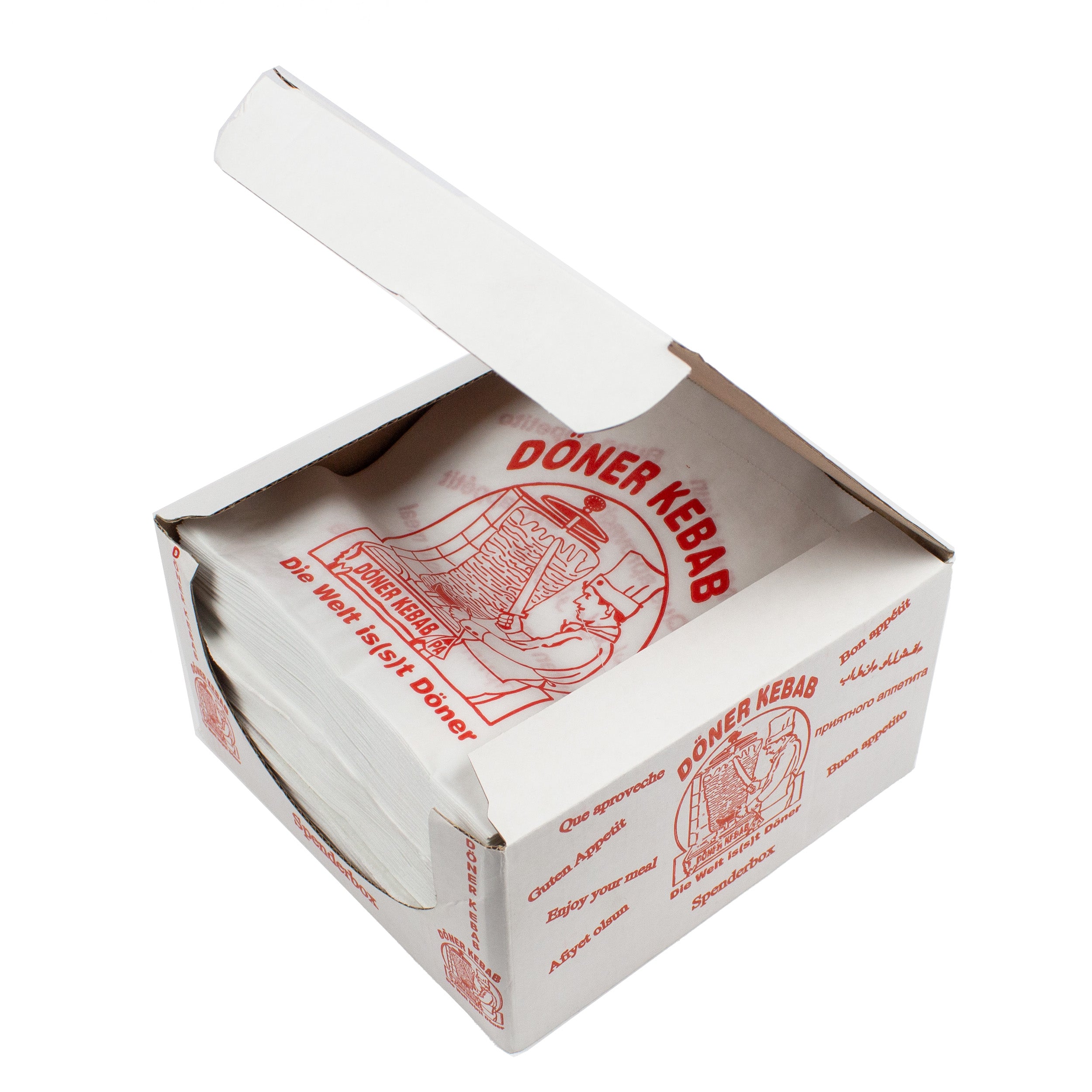döner bags 16x16 cm weiss mit rotem Druck "DÖNER KEBAB" 4 kg /Box (Spenderbox)