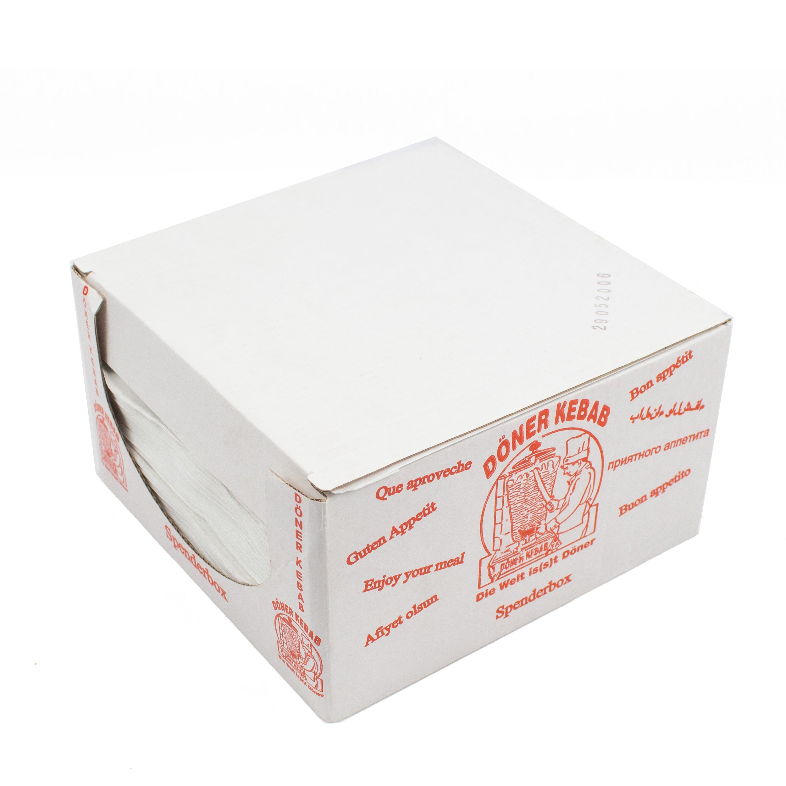 döner kebap tüten 16x16 cm weiss mit rotem Druck "DÖNER KEBAB" 5 kg/Pack = 4xSpender-Box