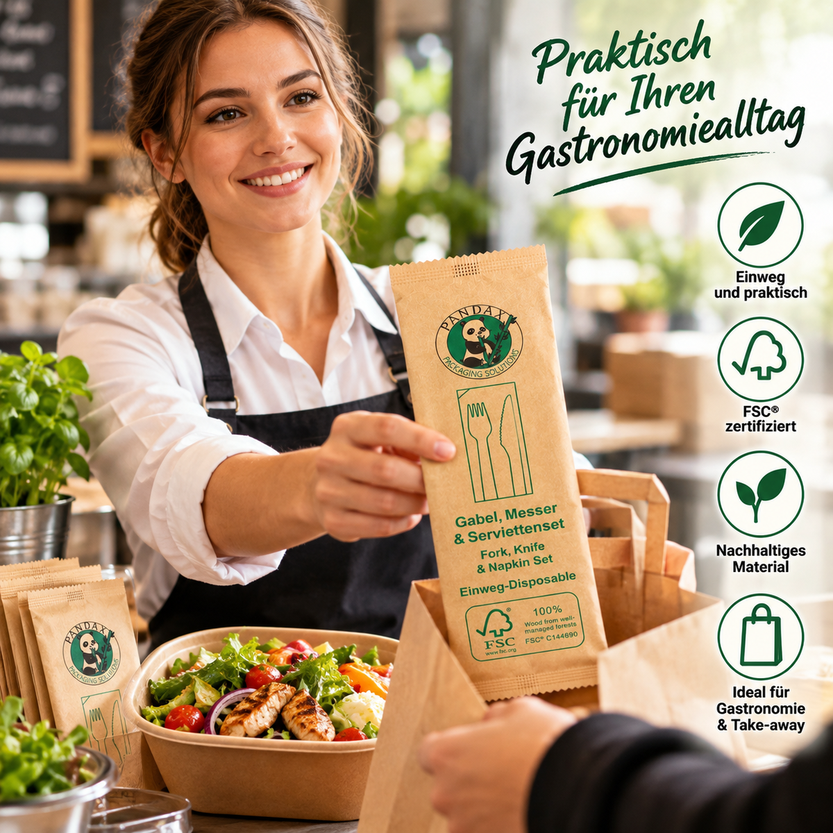 Holz-Besteckset mit Serviette für den Einsatz im Gastronomiealltag