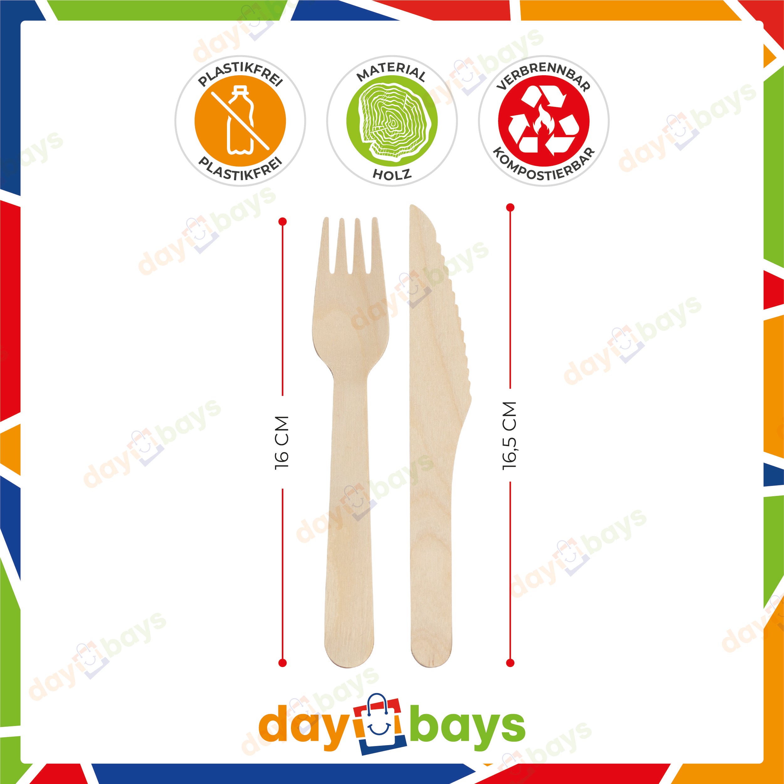 DayBays Holzbesteck Set 16cm (Holzgabel, Holzmesser und Serviette) als Set Verpackt