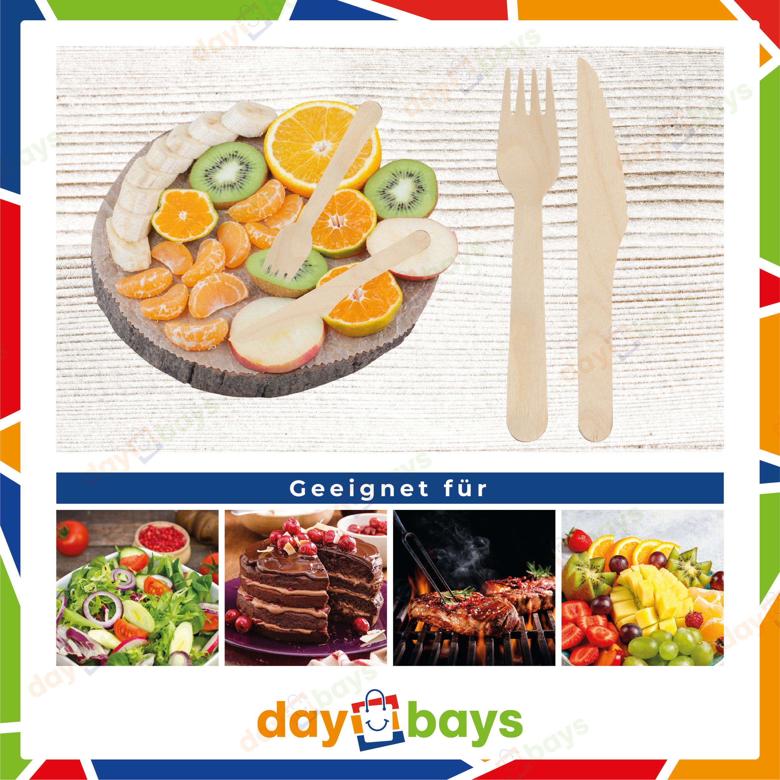 DayBays Holzbesteck Set 16cm (Holzgabel, Holzmesser und Serviette) als Set Verpackt