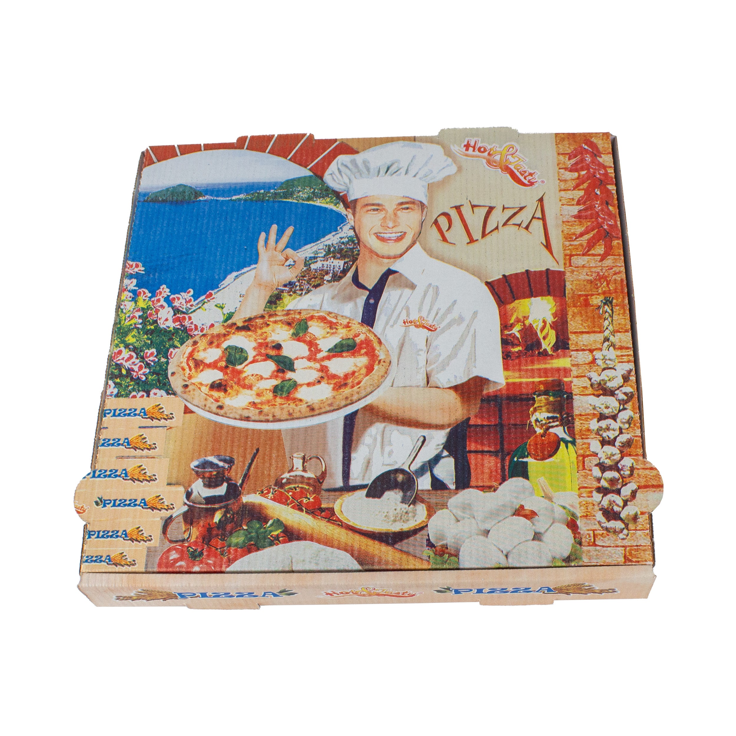pizzakarton 31x31x4 cm Weiß Kraftpapier bedruckt mit Pizza-Motiv