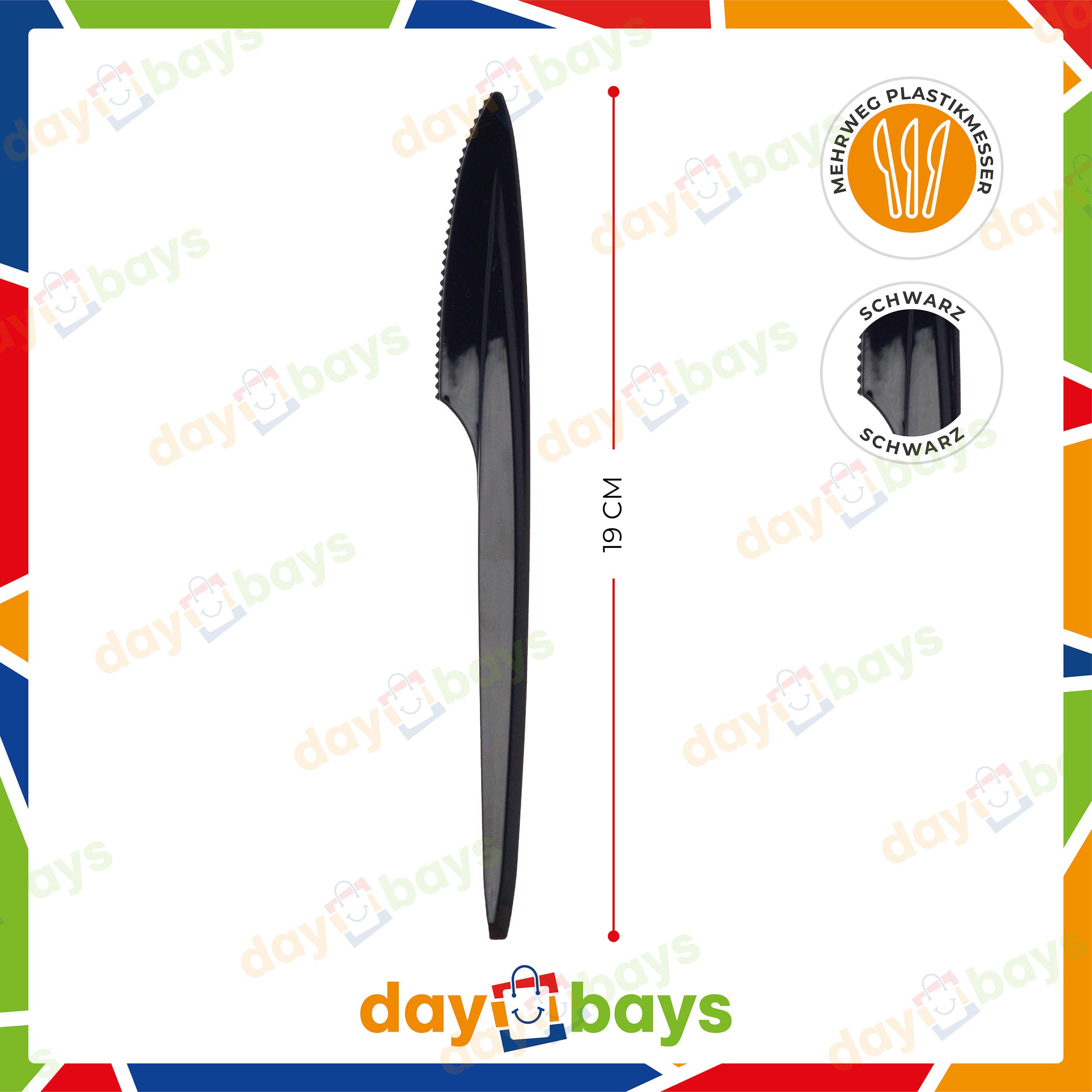 DayBays Plastikmesser Mehrweg 18 cm Plastik Schwarz Spülmaschinenbeständig