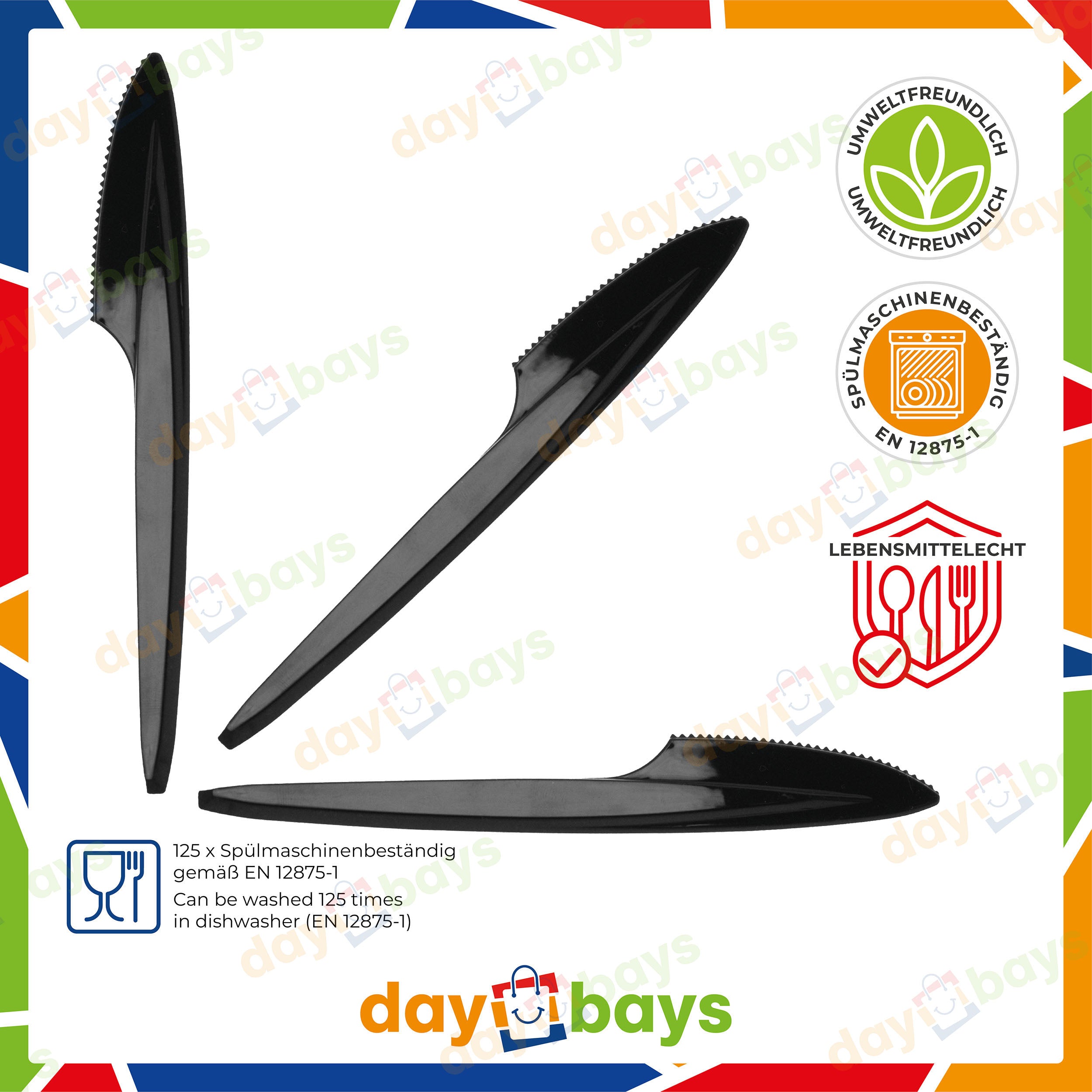 DayBays Plastikmesser Mehrweg 18 cm Plastik Schwarz Spülmaschinenbeständig