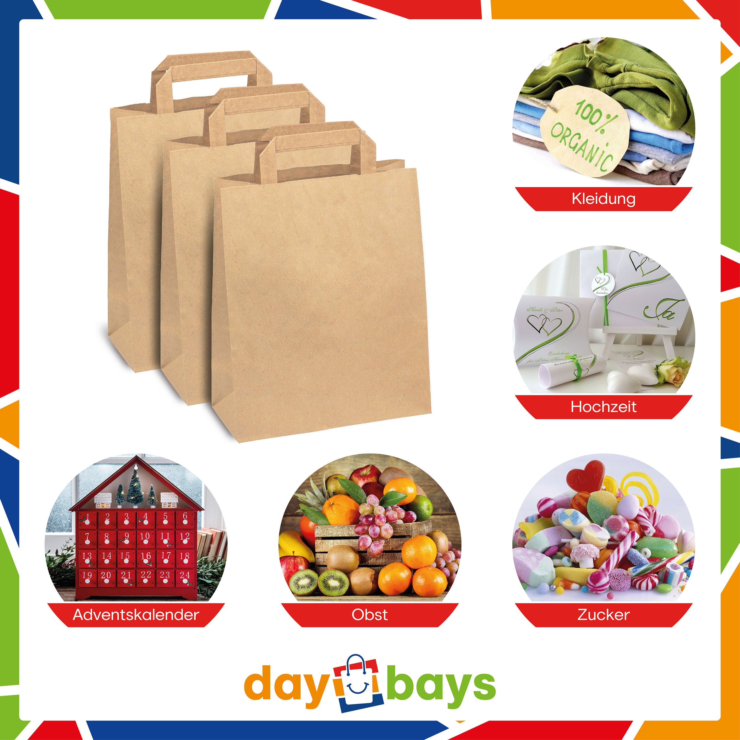 DayBays Papiertüten 18+8x22 cm Braun mit Flachhenkel