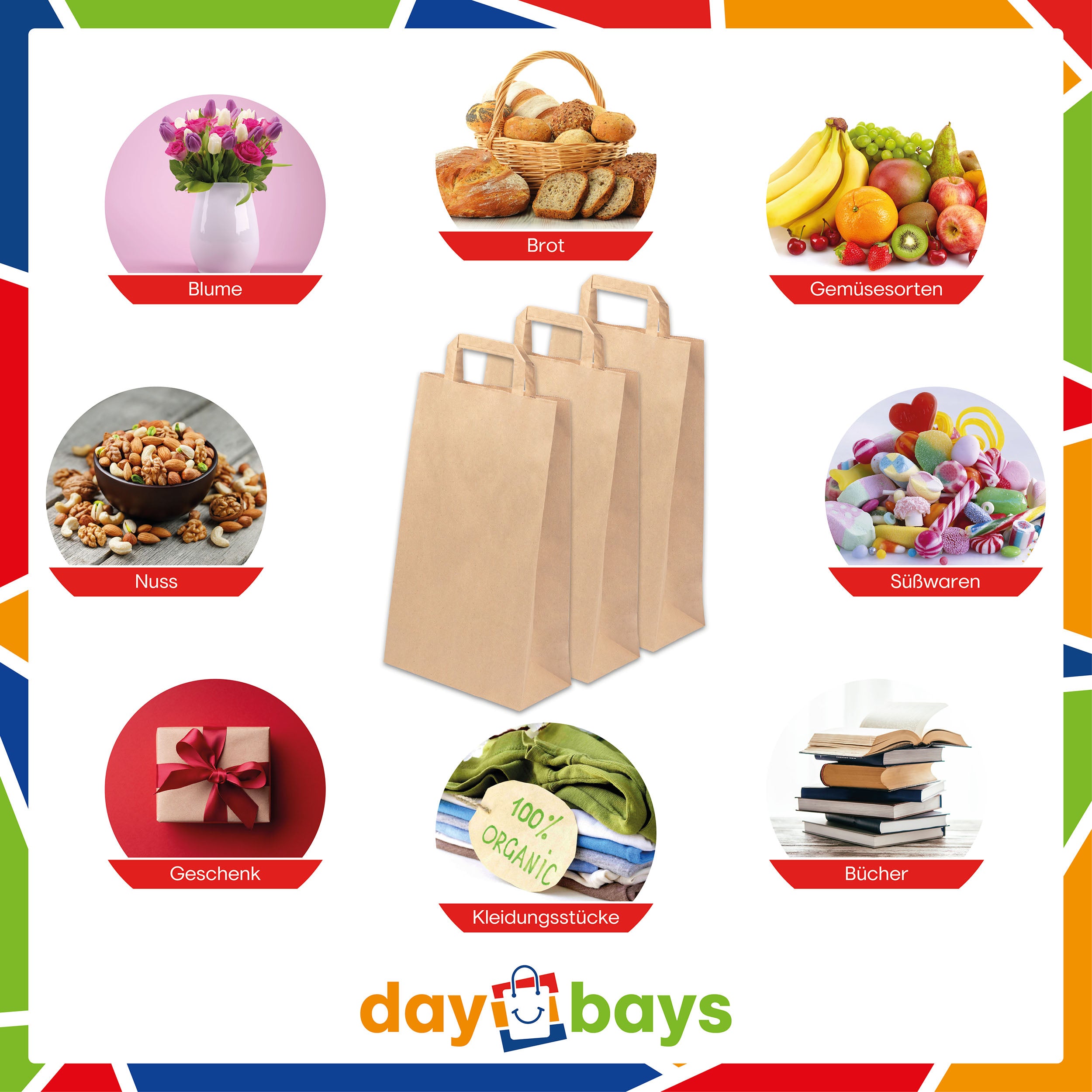 DayBays Papiertüten 22+10x36 cm Braun mit Flachhenkel