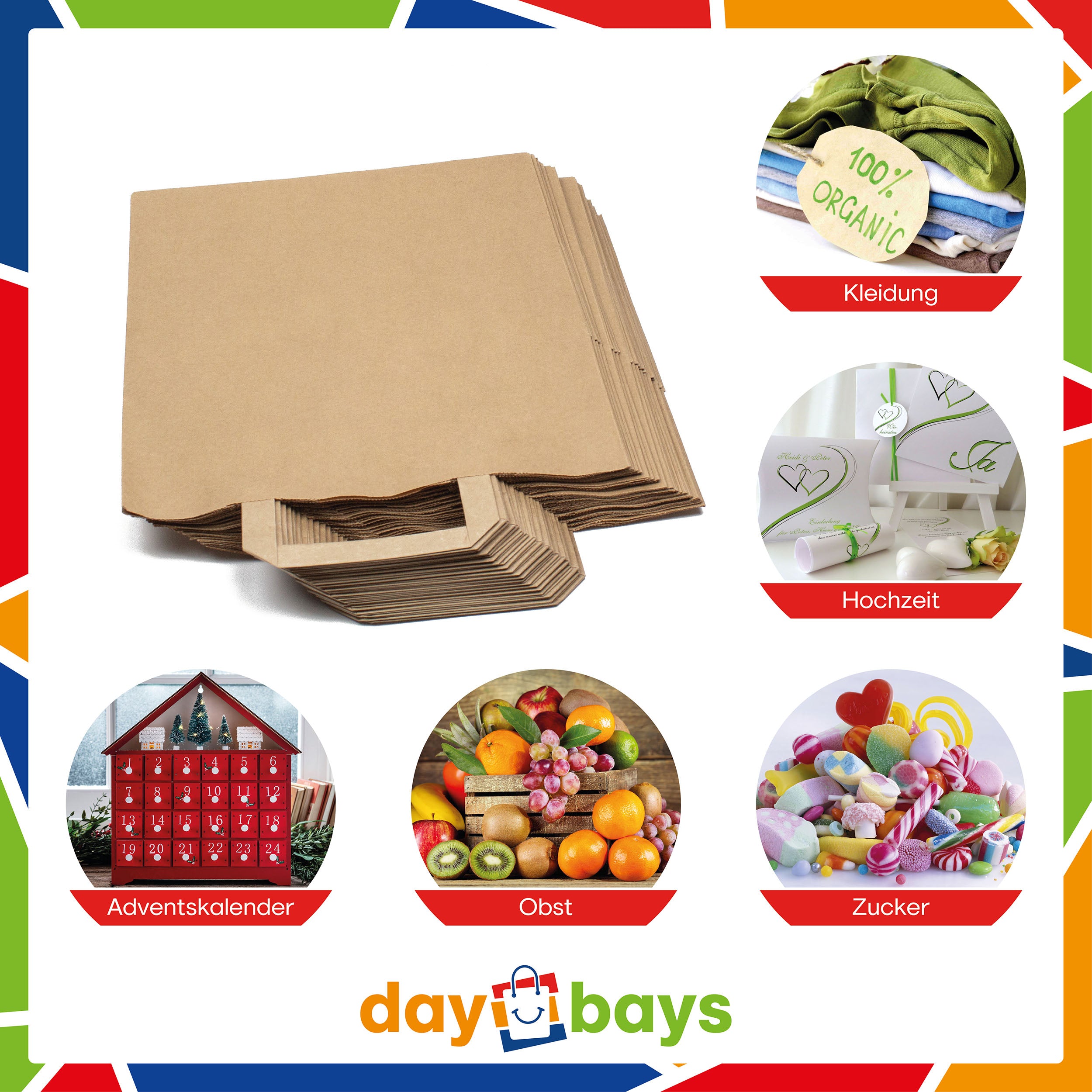 DayBays Papiertüten 26+20x28 cm Braun mit Flachhenkel