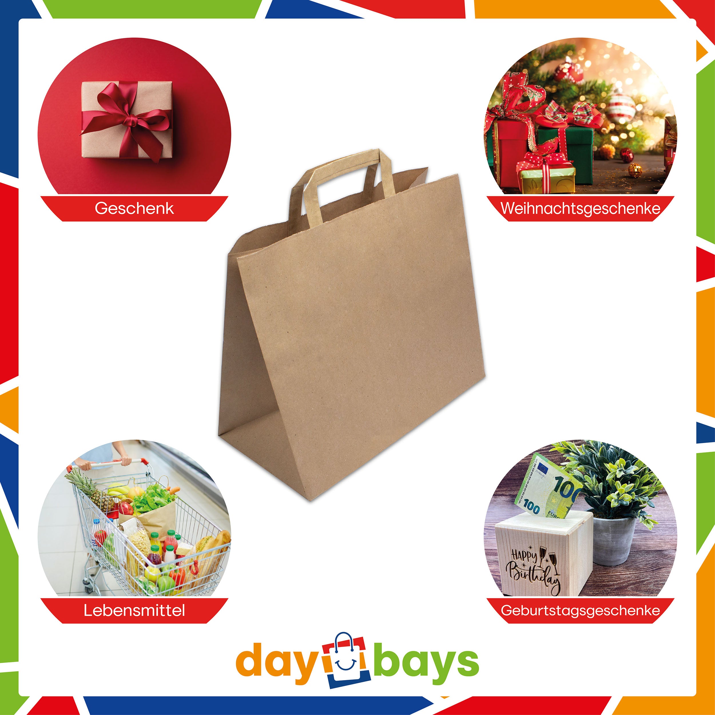 DayBays Papiertüten 32+17x27 cm Braun mit Flachhenkel