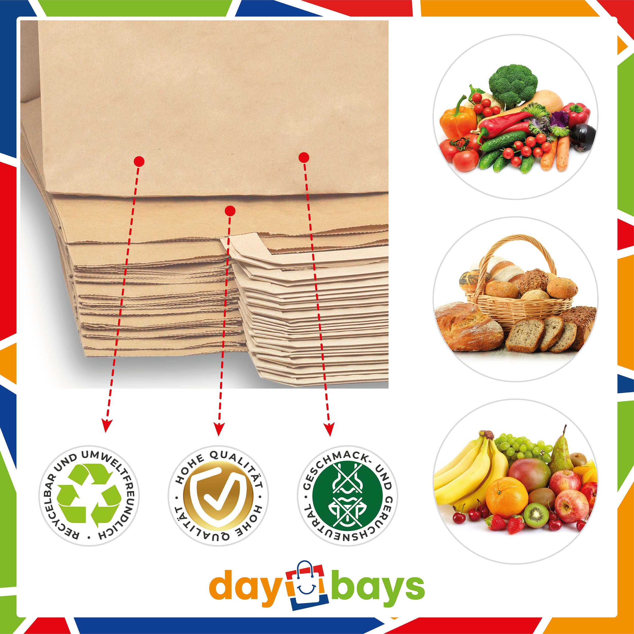 DayBays Papiertüten 32+22x25 cm Braun mit Flachhenkel