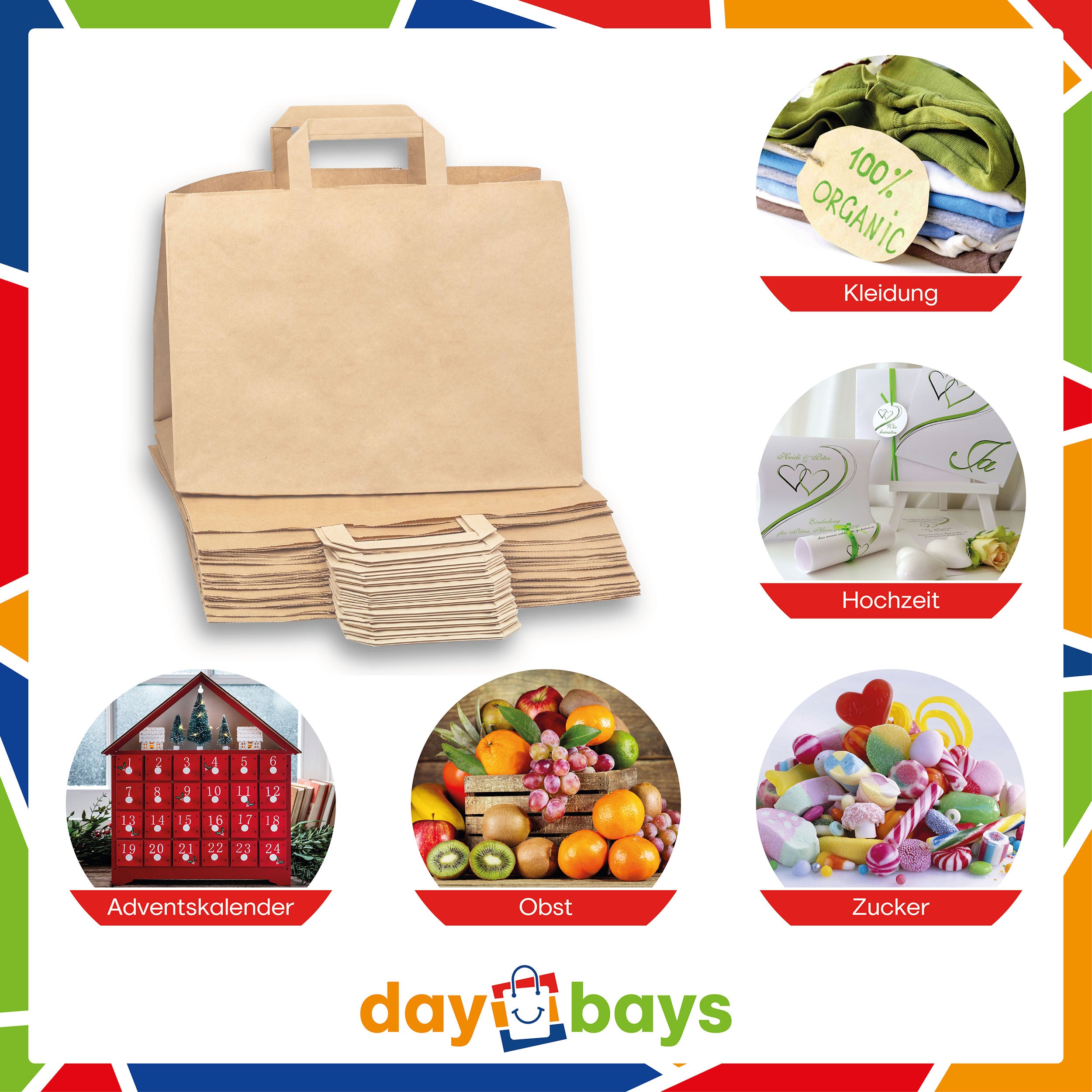 DayBays Papiertüten 32+22x25 cm Braun mit Flachhenkel