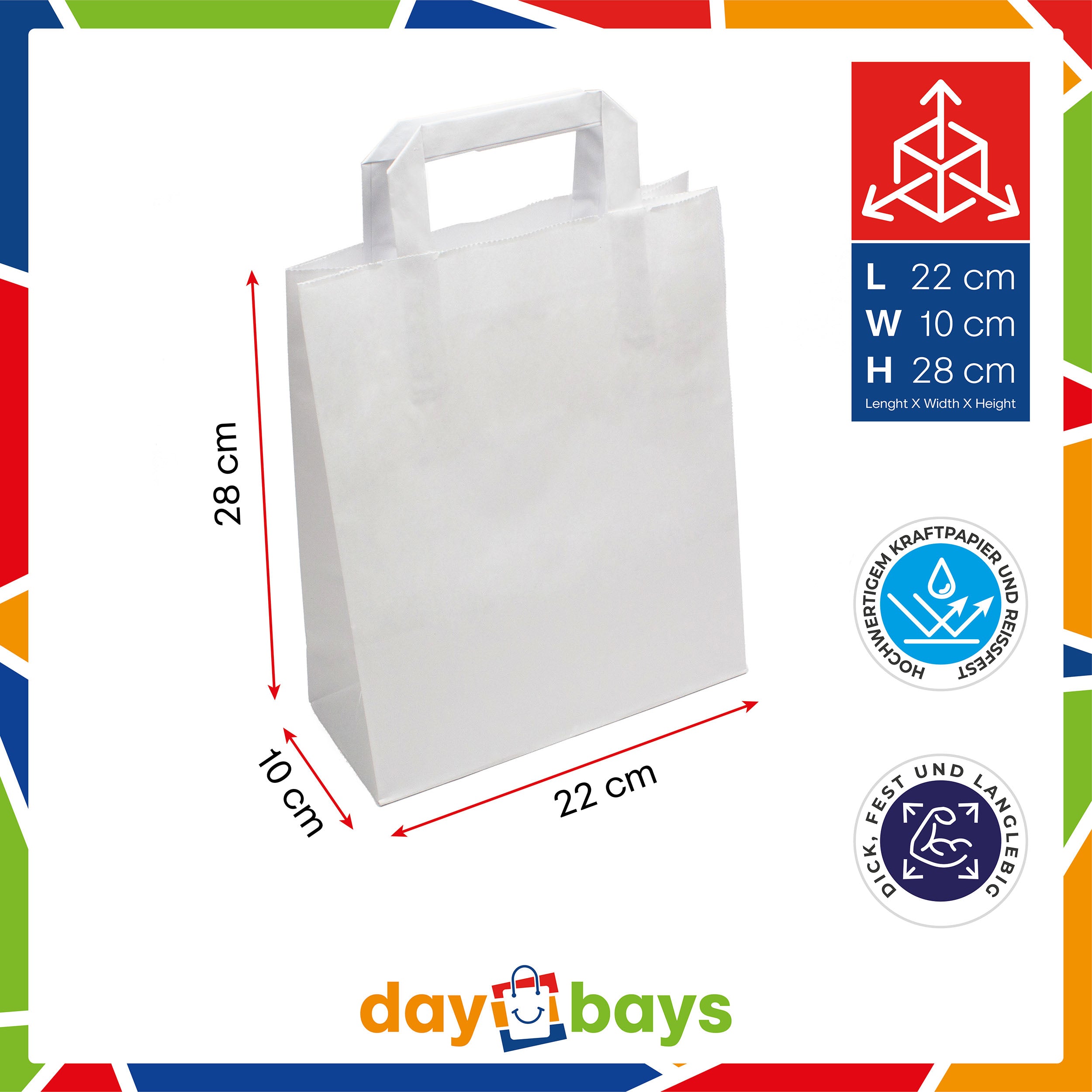 DayBays Papiertüten 22+10x28 cm weiß mit Flachhenkel