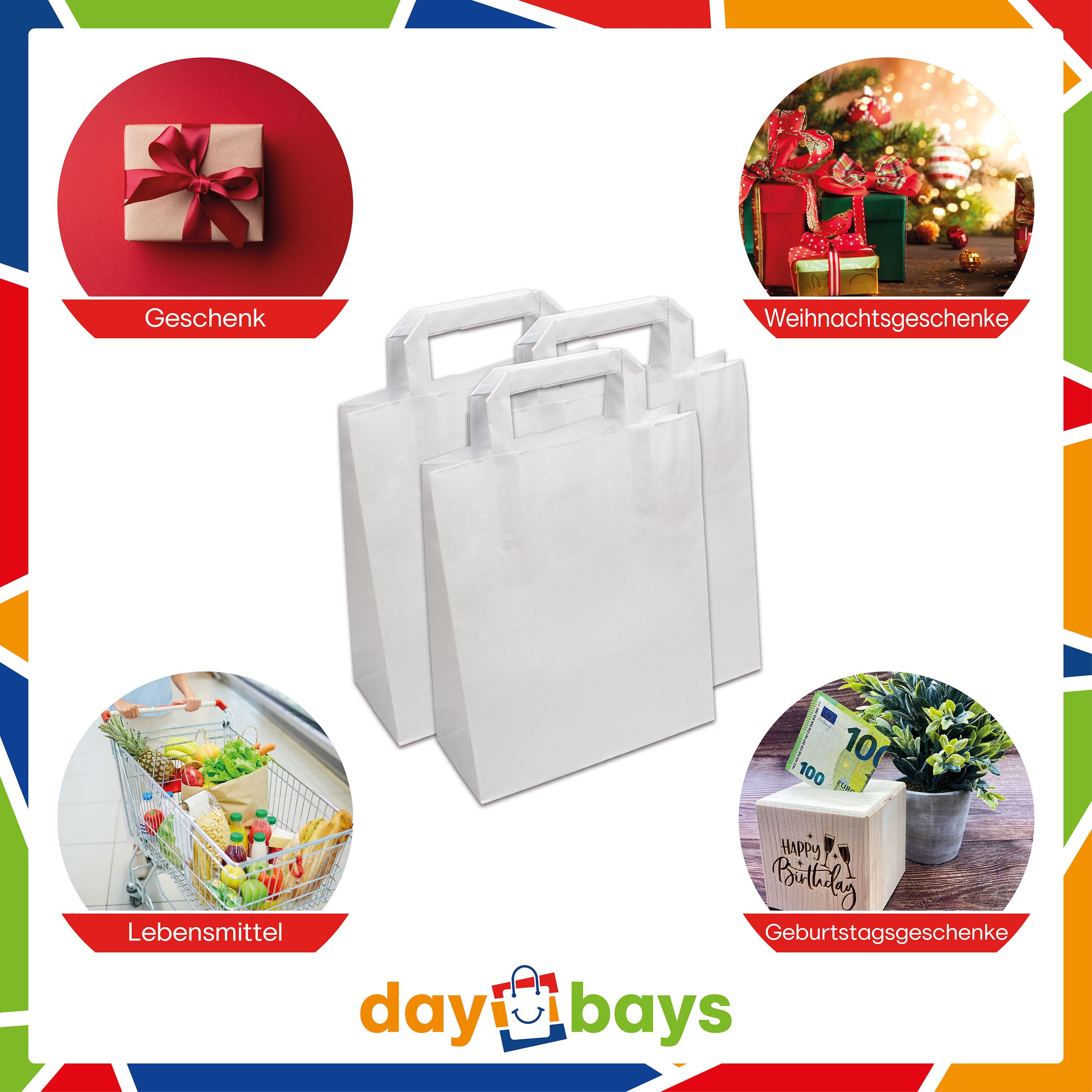 DayBays Papiertüten 22+10x28 cm weiß mit Flachhenkel