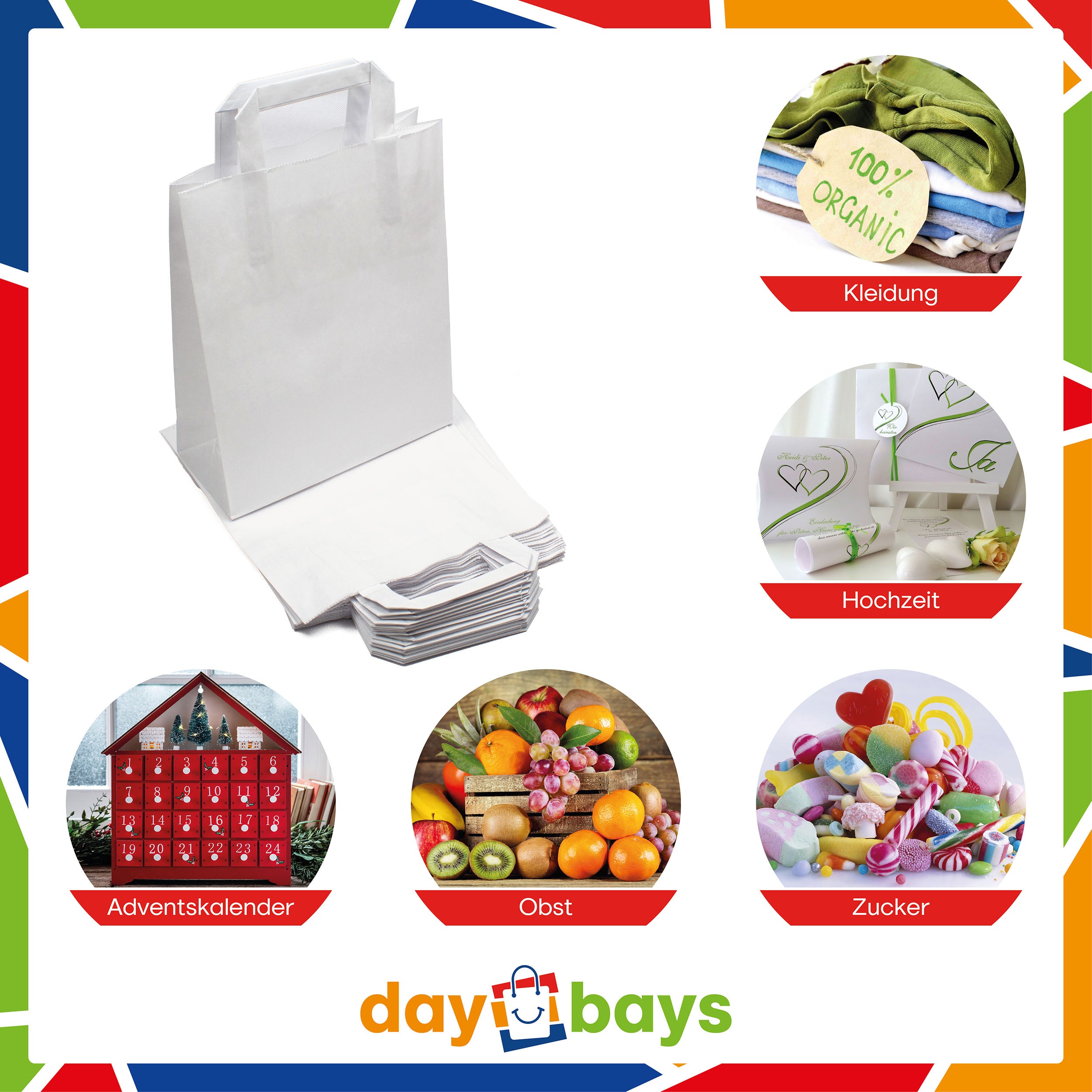 DayBays Papiertüten 22+10x28 cm weiß mit Flachhenkel